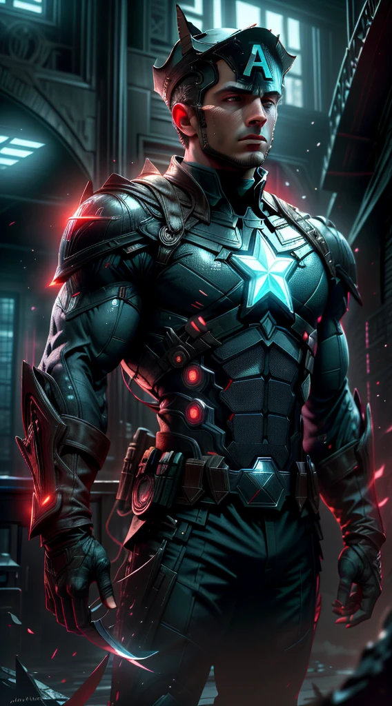 Realstic ,brillant, thoughtful, bioluminique, Captain America, tenant un couteau sanglant, to Gotham City, manteau, Runes lumineuses _rouge, Corps entier, cutscene, fond sombre, backlight, high contrast,