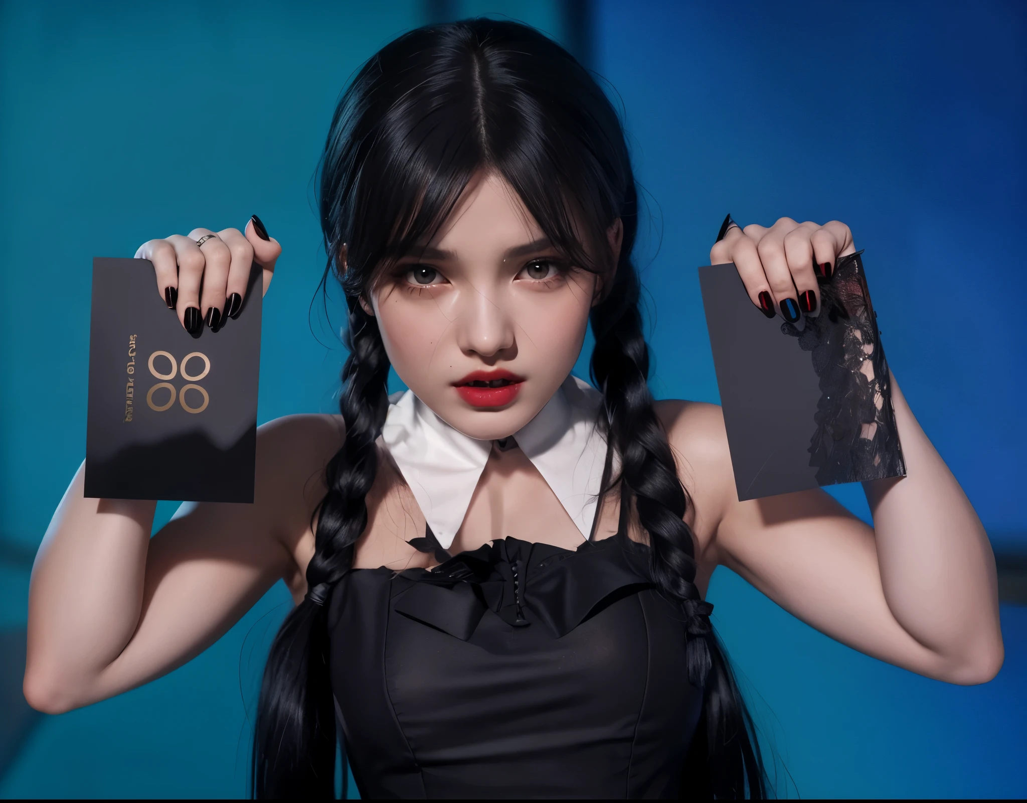 woman holding two cards , portrait of evil girl, young angry woman, promo shot, as wednesday addams, woman vampire, 4k, realistic, rim light, high resolution, shiny hair with pigtails and bangs, Her outfit shines under the spotlight. Her hair impeccably styled, with a glossy finish that adds to her charm. The subtle rim light highlights the contours of her figure, adding depth and dimension to the composition. This artwork combines the elements of a wednesday addams, glossy costume, beautiful hair, high-resolution image, realistic rendering, dark background, and rim light.