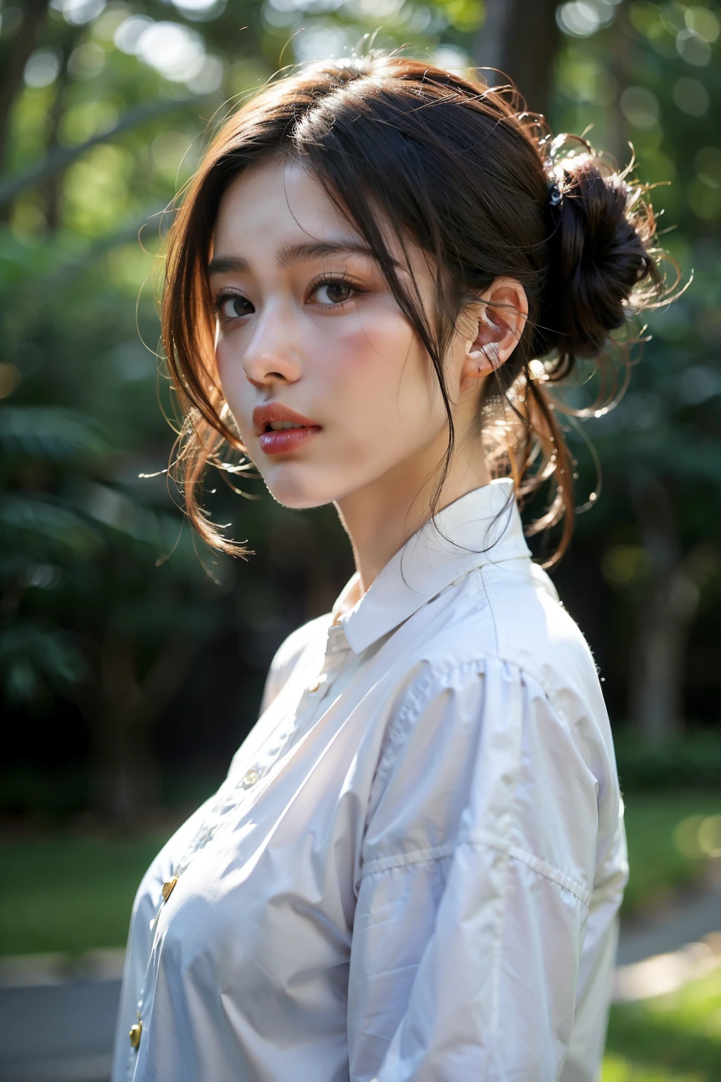 ((Best quality at best)), ((tmasterpiece)), (Detailed pubic hair), Background in forest outdooremale upper body,Natural and gentle face,frontage,lips are talking,long sleeve work uniform,Hair tied up,中景 the scene iackground bokeh