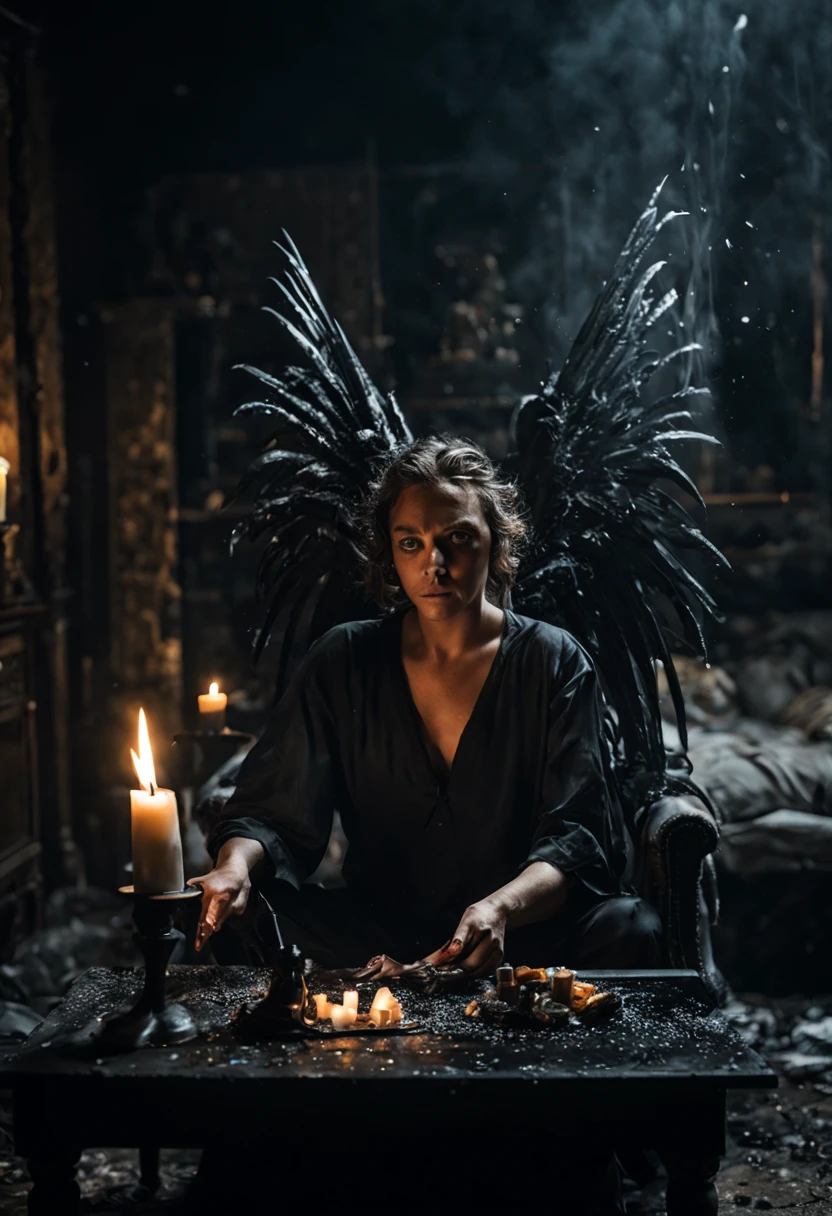 Portrait en gros plan d'un démon avec des ailes assis sur un canapé, bougie, dans la chambre noire, explosion de liquide éclaboussure d'obscurité, détail élevé, Contexte fantastique, photographie