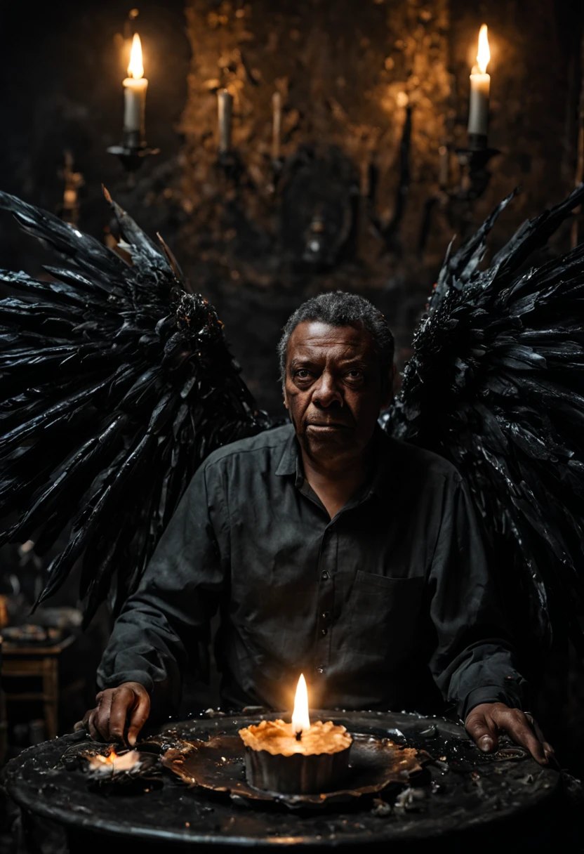 Portrait en gros plan d&#39;un démon avec des ailes assis sur un canapé, bougie, dans la chambre noire, explosion de liquide éclaboussure d&#39;obscurité, détail élevé, Contexte fantastique, photographie