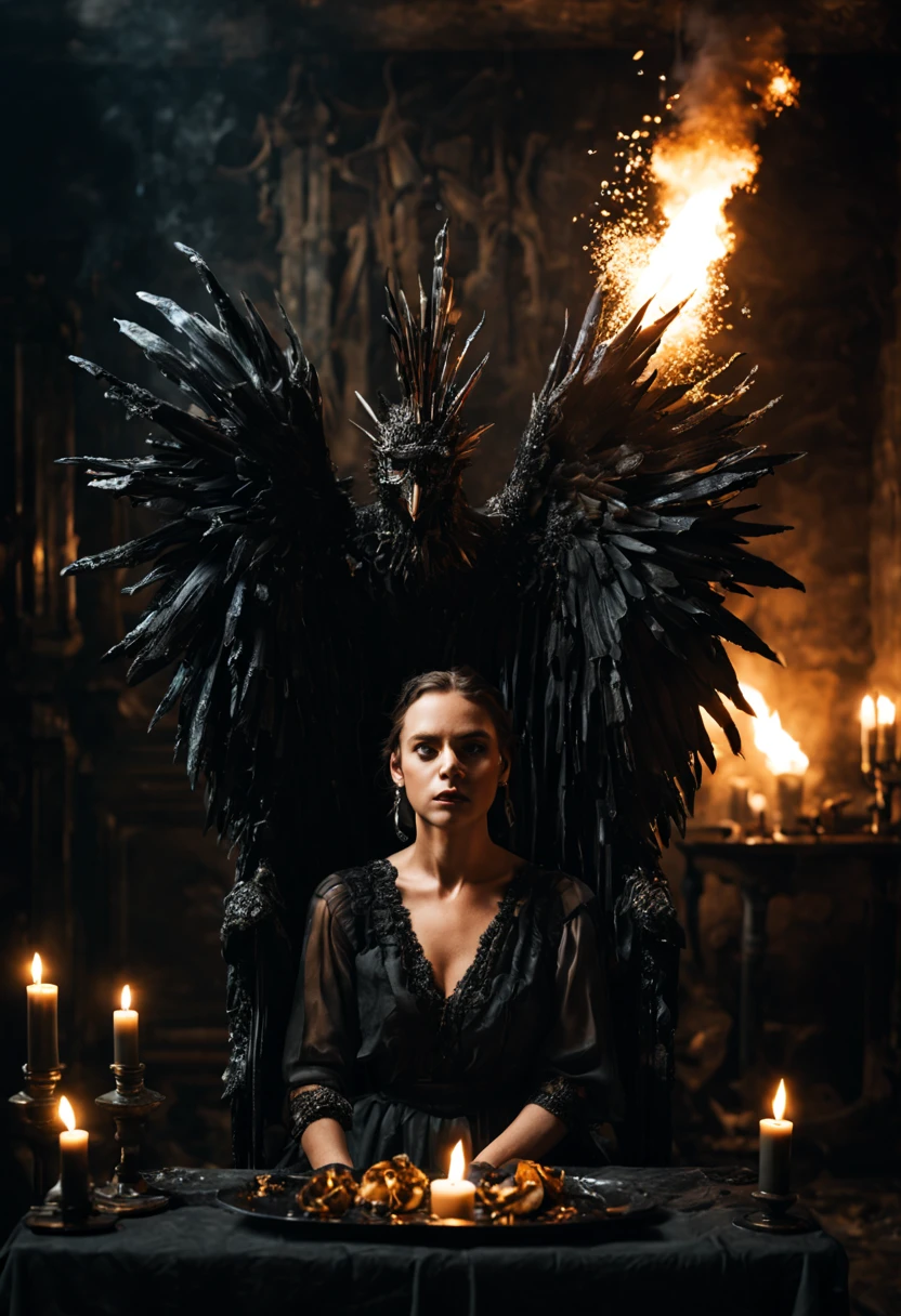 Portrait en gros plan d'un démon avec des ailes assis sur un canapé, bougie, dans la chambre noire, explosion de liquide éclaboussure d'obscurité, détail élevé, Contexte fantastique, photographie