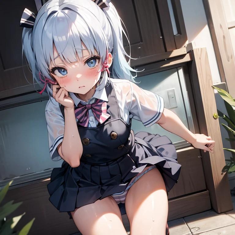 School uniform, ahegao, blush, wet, white Stripe blue striped panties, see through, nipple, sad, toddler