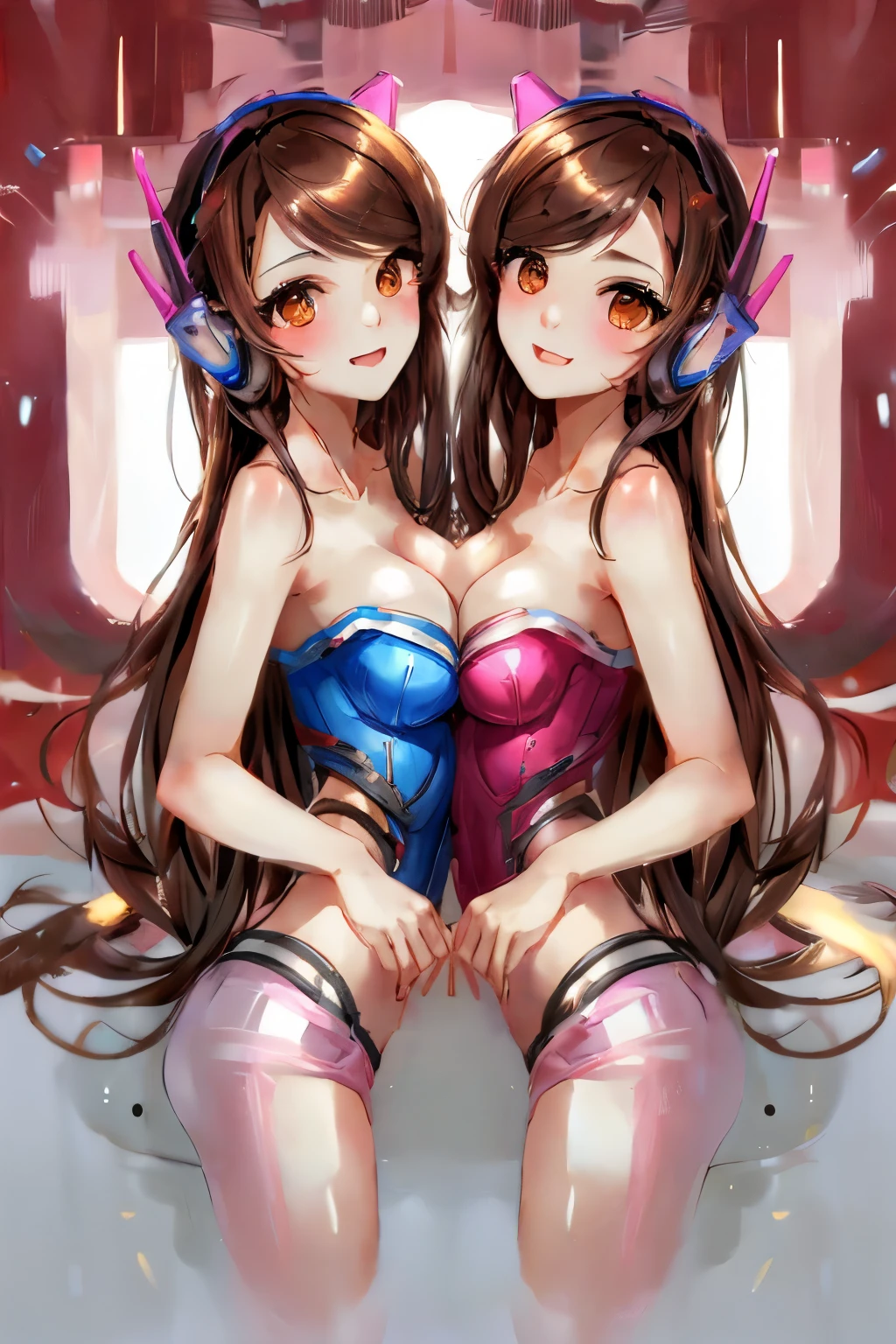 (Two heads), (masterpiece, best quality), best resolution, (2heads:1.5), 1girl, D.Va character, sexy, detailed eyes, brown hair, two heads, conjoined twins