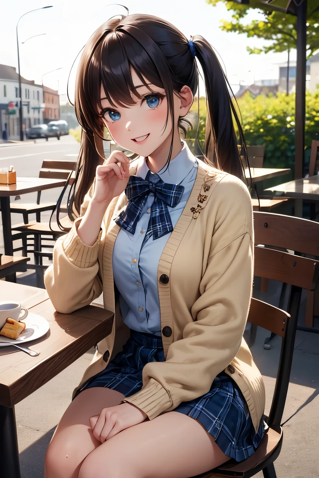 very cute and beautiful girl sitting on chair of outdoor open cafeteria,(restaurant),(highly detailed beautiful face and eyes:1.2),
(white blouse),laugh,cowboy shot,(beige cardigan:1.2) BREAK zettai ryouiki,dynamic angle,
low twintails,black hair,(blue plaid mini skirt:1.2),(cups of tea),(sugar toast on plate),town street,outdoors,flowers,
(best quality,masterpiece:1.2),(intricate details:1.2),ultra-detailed,highres,
solo,cinematic scene,hair fluttering in the wind,beautiful detailed sky,