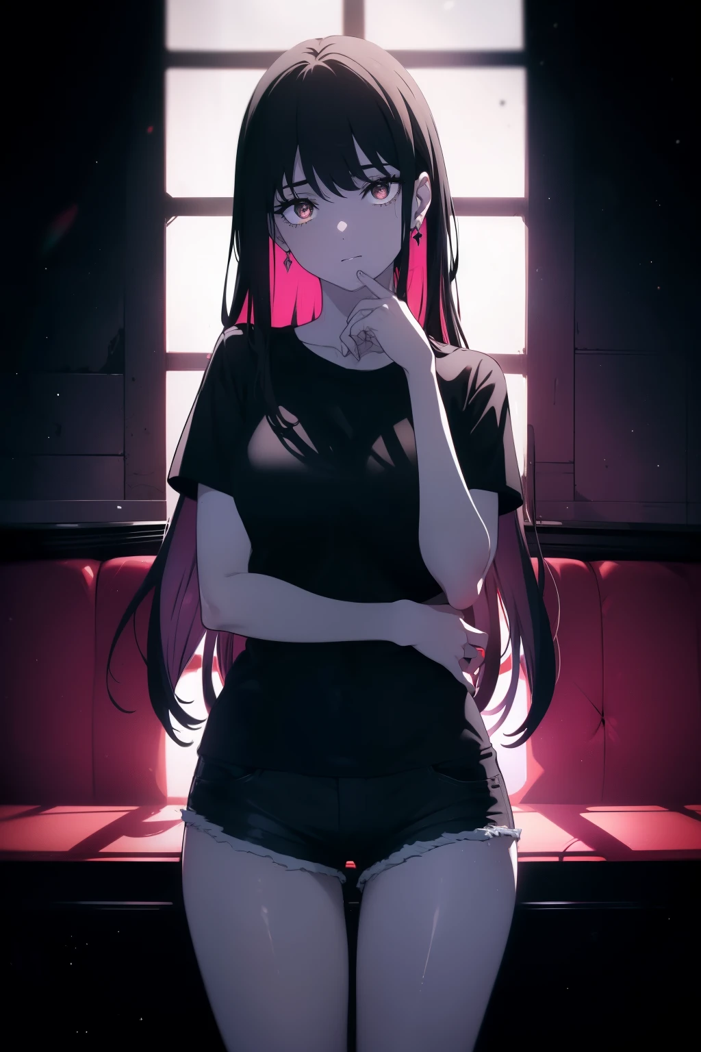 (((Obra maestra, La mejor calidad, ultrahigh resolution))), a clear view of a happy looking girl standing in a club waiting for someone)), (black t-shirt, jean shorts, black hair, long dark black hair), pale skin, ((brown eyes)), (glowing_eyes), ((ultra detailed eyes:0.7, beautiful and detailed face, detailed eyes:0.9)), ((centered)), ((over joyed expression)), ((wide shot)), facing viewer, ((indoor party, purple and black lights, black dancing silhouettes:0.9)), medium breasts, looking at viewer, ((perfect hands)), (((head:1, arms, hands, elbows, thighs, in view))), lively eyes, beautiful lighting, background, ((defined subject)), 25 years old, (head tilt), (((cool))), ((lively)), (((chic pose))), ((perfect anatomy))