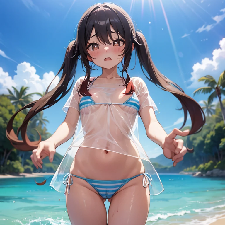 Transparent bikini, ahegao, blush, wet, white Stripe blue striped panties, see through, nipple, sad, Toddler