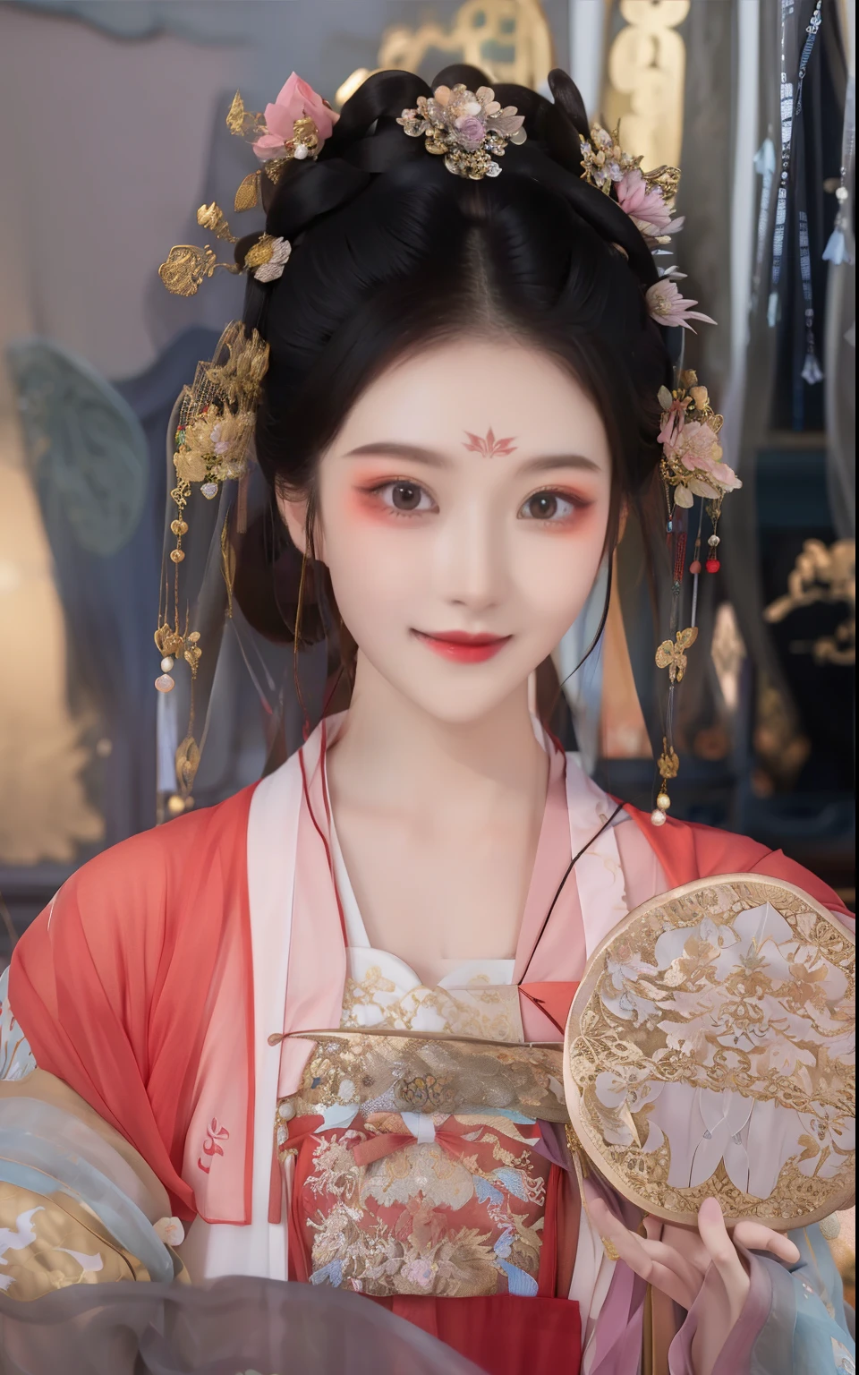 Wearing a pink dress、Take a fan、Smiling husband woman, Wearing ancient Chinese clothes, 宮 , a girl in Hanfu, Hanfu, ancient China Princess, China Princess, Chinese, Chinese traditional, Inspired by Lanying, white Hanfu, Traditional beauty, sha xi, Beautiful rendering of the Tang Dynasty, Chinese outfit, ancient chinese beauti