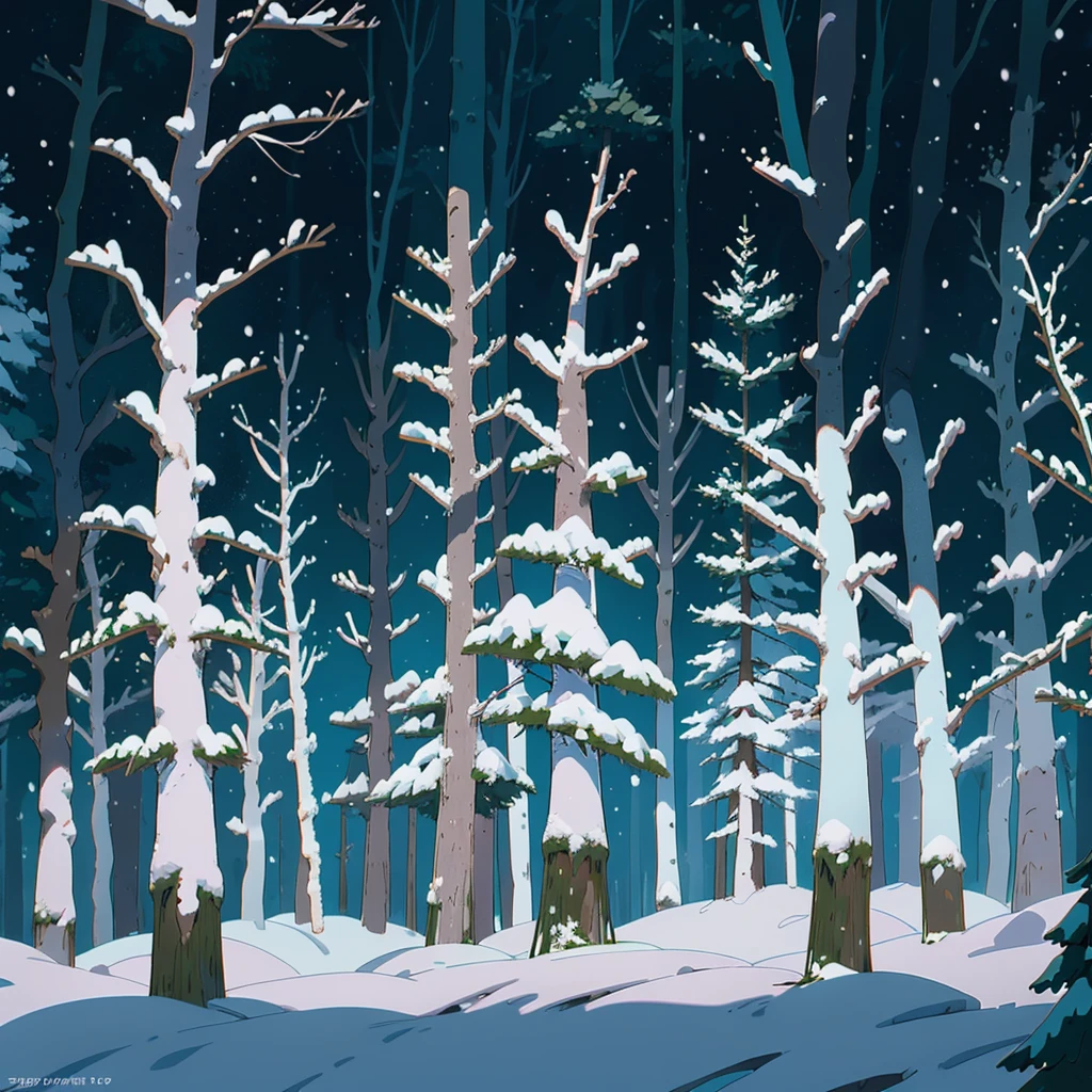 without people, without animals, a dark forest with snow covered trees, dense forest, concept art inspired by Raphael Lacoste, pixiv, conceptual art, anime background art, winter concept art, anime 8k woods, detailed scenery, snowy forest, snow forest, background artwork, background art, moonlit forest environment, quiet forest night scene, blue forest, winter forest, beautiful anime scene, in a snowy forest setting