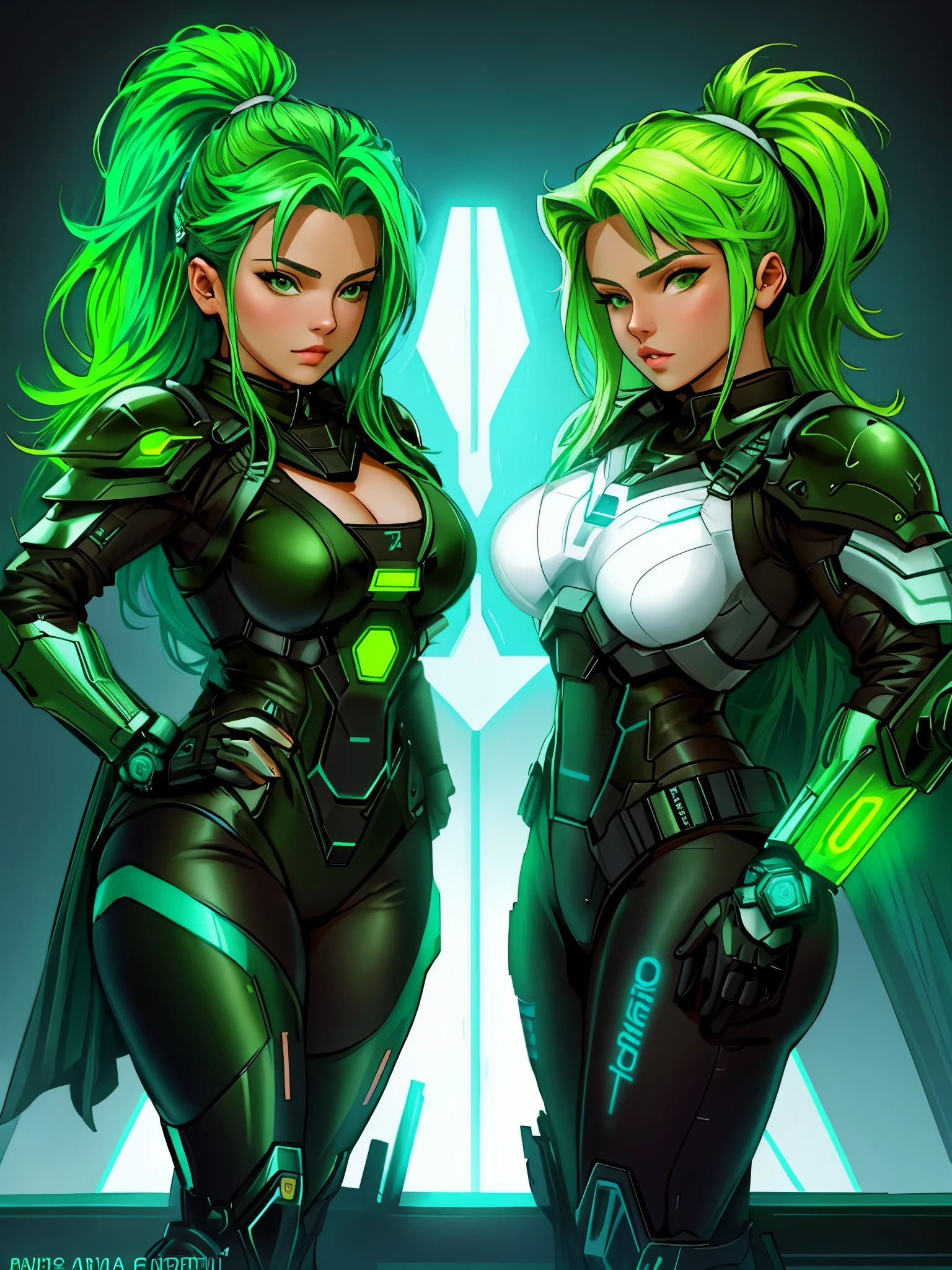 ((Sonya blade and Cassie cage from mortal kombat series)) (beautiful face)(big glowing blue eyes)(red lips) (smiling) (long straight light blonde pony tail hair)((very huge breasts)) (perfect slim body) (sonya blade wears green outfit, cassie cage wears dark blue outfit, black gloves, low cut pants) (inside dark military base) (high definition, volumetric lights and dinamic shadows)((masterpiece))(8k)(perfect face)(ultra details) (perfect hands, eyes, and face)