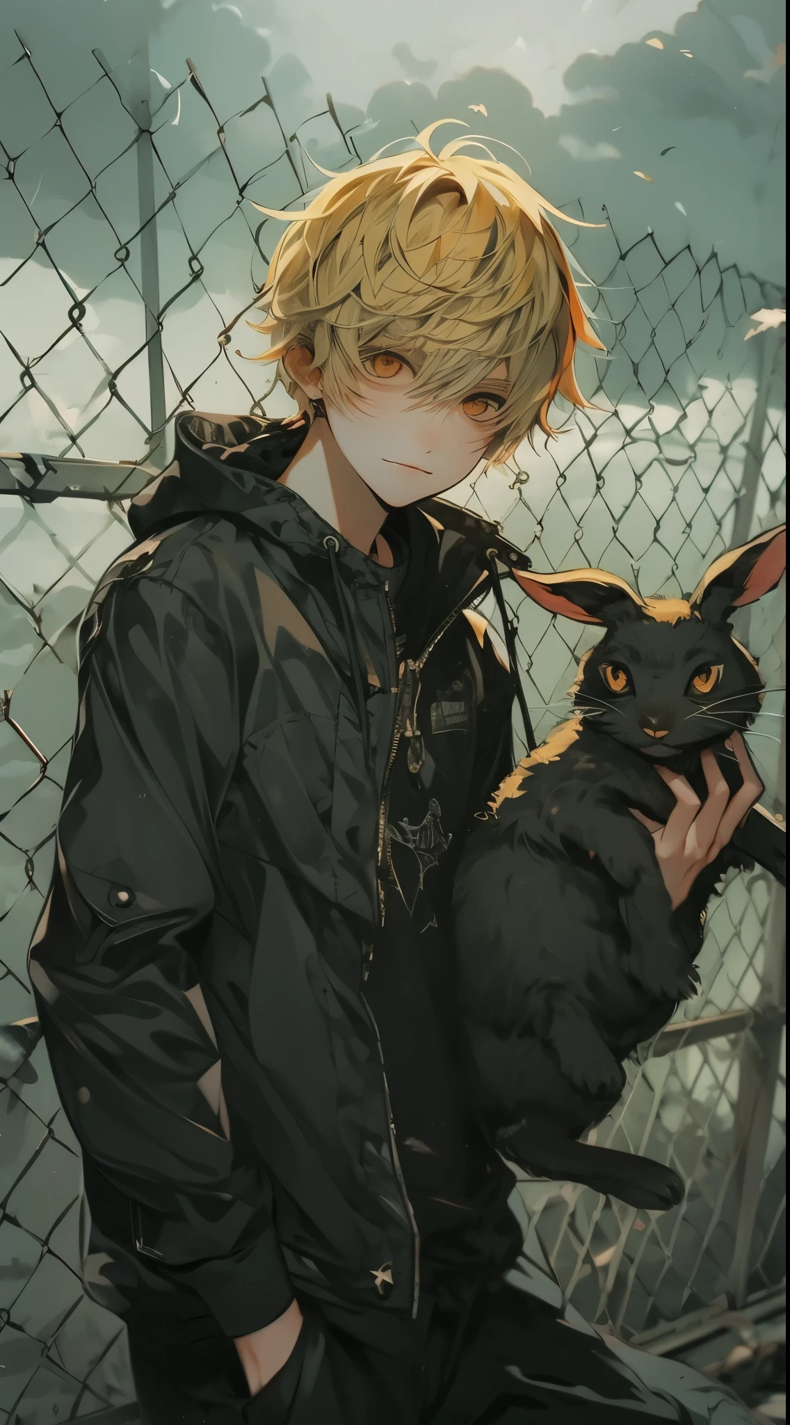 Beautiful young man, blonde hair, orange eyes, short hair, grabs black rabbit by the neck and lifts it up, delinquent, cool black outfit, deviousness, fence and cloudy background,high quality, amount of drawing, pixiv illustration