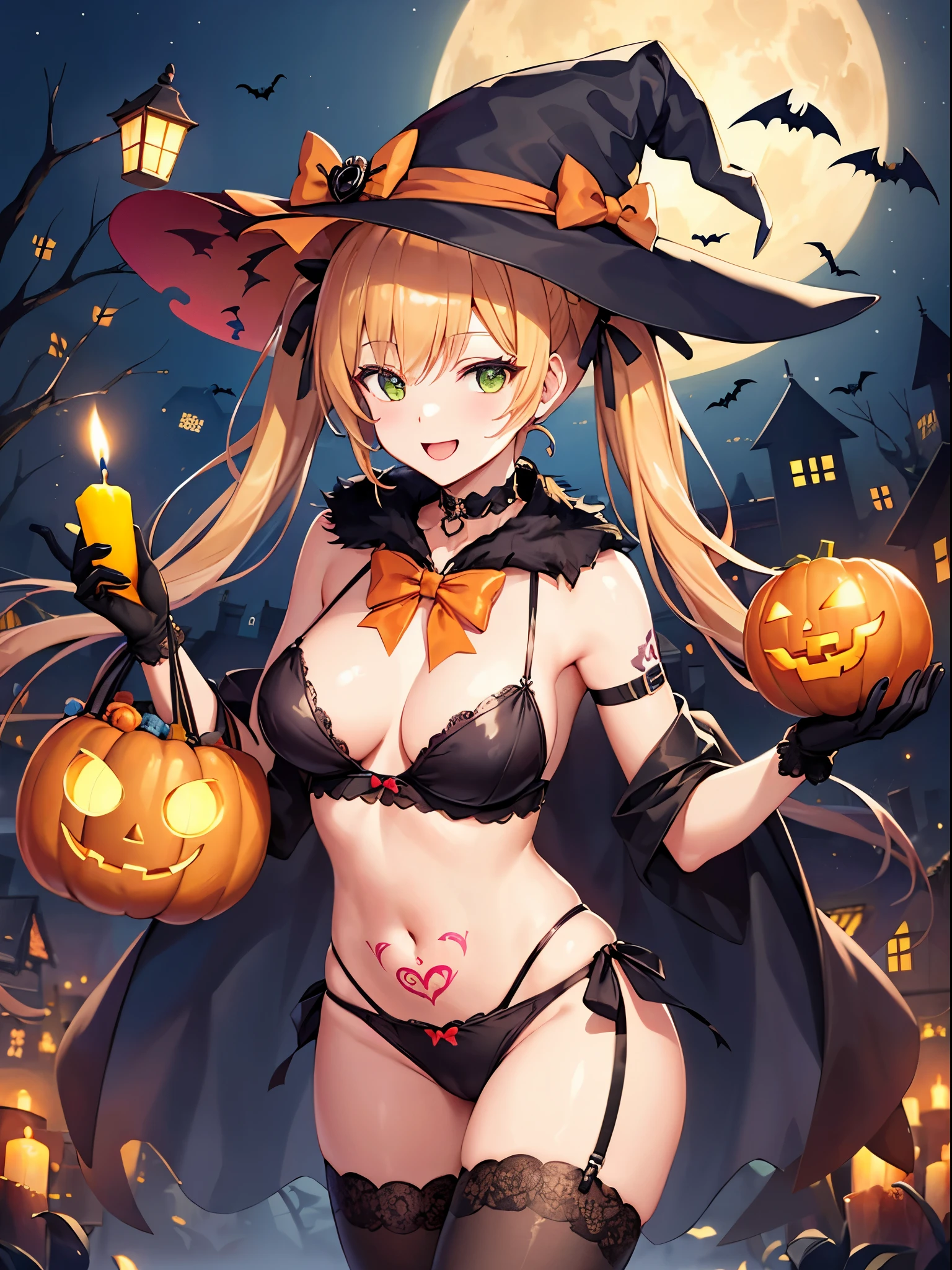 medium breasts, bat,  candy,  halloween,  halloween_bucket,  halloween_costume,  happy_halloween,  jack-o'-lantern,  pumpkin,  blonde_hair_ornament,  pumpkin_hat,  tattoo,  trick_or_treat,  witch_hat,  pubic_tattoo,  tombstone,  garter_straps, pasties,  thighhighs,  silk,  ghost_costume,  lollipop,  spider_web,  1girl,  vampire_costume,  bat_hair_ornament,  basketball,  food-themed_hair_ornament,  graveyard,  long_hair,  orange_ribbon,  heart_tattoo,  holding_vegetable,  broom,  candy_cane,  orange_choker,  bat_wings,  basket,  breasts,  solo,  candle,  food,  orange_bow,  open_mouth,  bat_print,  castle,  orange_panties,  black_legwear,  bow,  shoulder_tattoo,  orange_nails,  gloves,  twintails,  spider_web_print,  blonde_hair,  very_long_hair,  lantern,  grave,  charmander,  orange_legwear,  navel,  bare_tree,  smile,  orange_bowtie,  elboloves,  cookie,  full_moon,  cape,  mini_witch_hat,  bridal_gauntlets, Blonde hair,  green eyes,