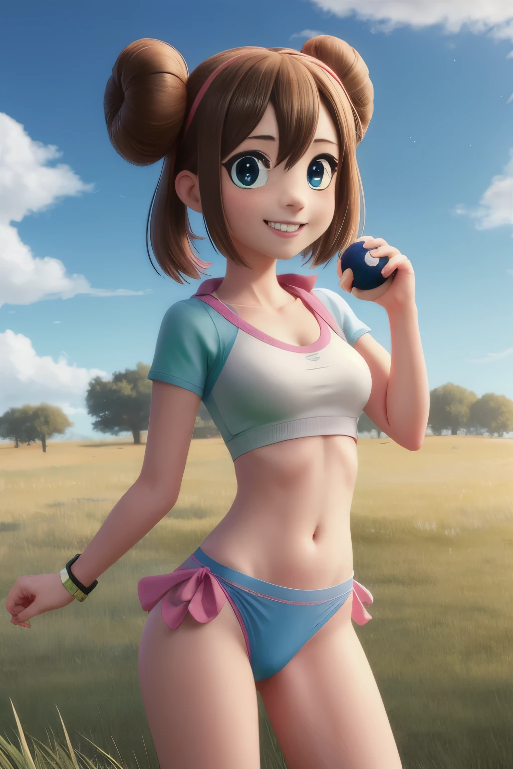 masuter piece, Best Quality, 超A high resolution, top-quality, Anime style, The best lighting, Beautiful face, ​masterpiece, Hi-Res, RO1, Hair buns, blue eyess, Twin-tailed, panthyhose, tightpanties, Pink ribbon, wrist watch,  Standing, cowboy  shot, deph of field, pokeball \(basic\), A smile, (Grass background:1.5), pleasant sunny sky, 1girll