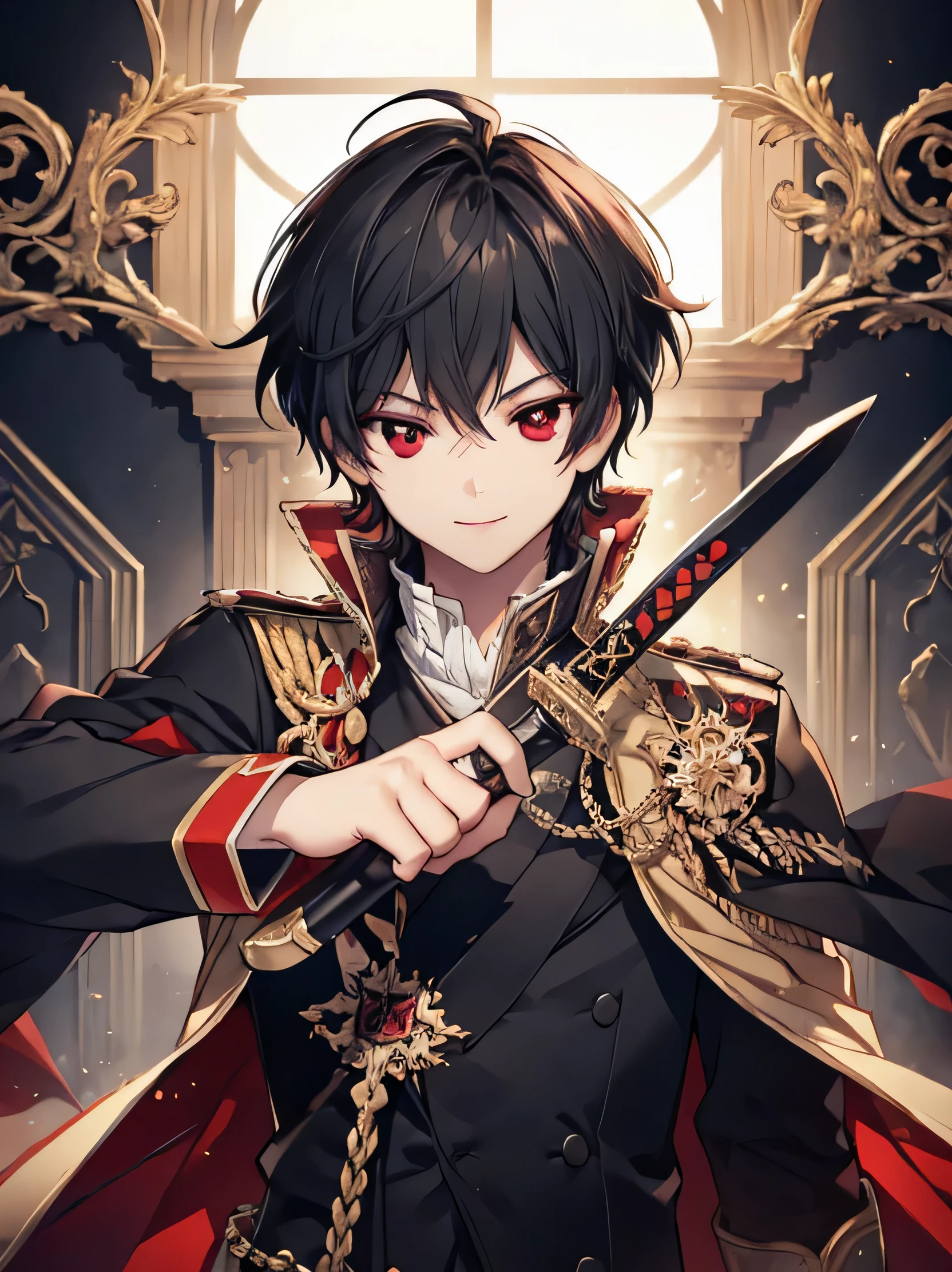 1 boy, prince, holding sword, red eyes, black hair, smile