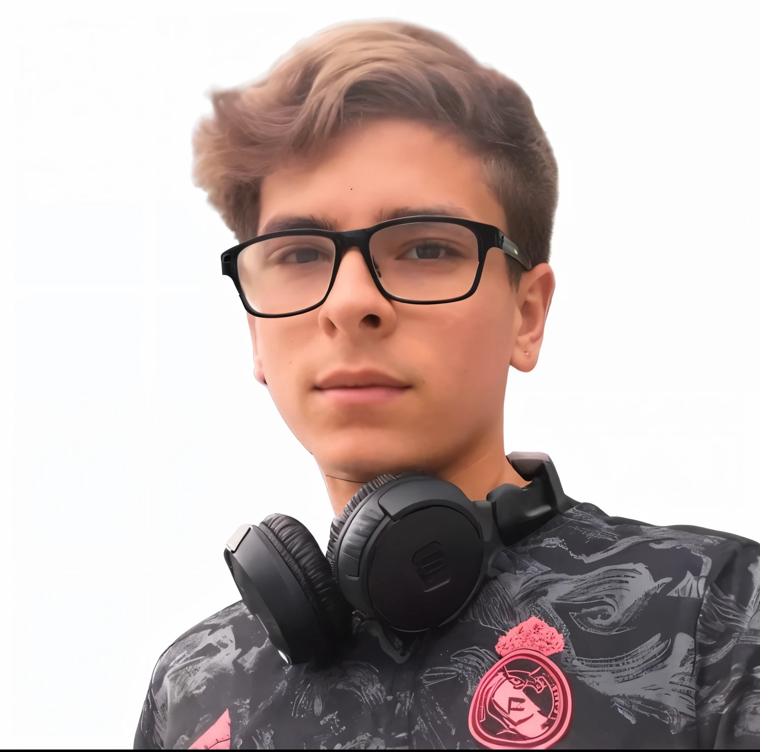 there is a young man wearing headphones and a black shirt, Streamer do Twitch / jogador ludwig, mateus 9 5, head shoot profile picture, retrato de alta qualidade, 18 anos, Mateo Dineen, jogador, 1 6 anos, 13 anos, imagem de qualidade muito baixa, foto de perfil 1024px, youtuber, Fabiano Perez, Foto realista, head shoot