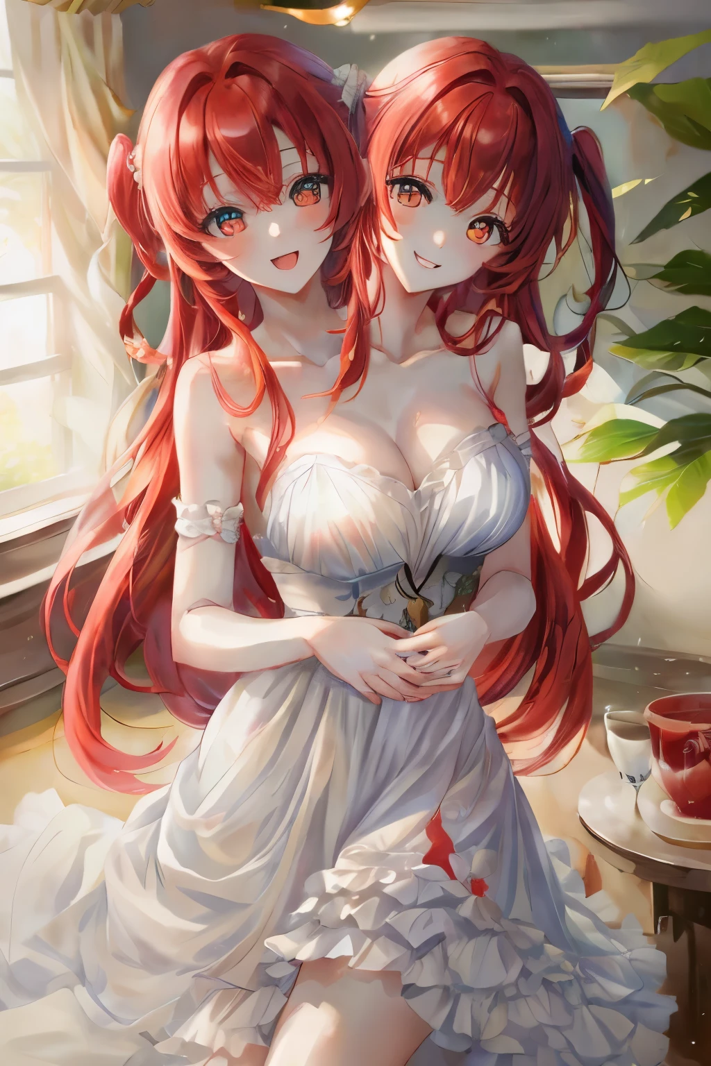 (masterpiece, best quality), best resolution, (2heads:1.5), 1girl, very long hair, kita ikuyo character, red hair, clear eyes, blue hair, red eyes, left head's mouth open, all necks visible, heads spaced equally on one chest, perfect anatomy talking to the viewer, right head's mouth closed, smiling, holding a volleyball, white floral dress, indoor