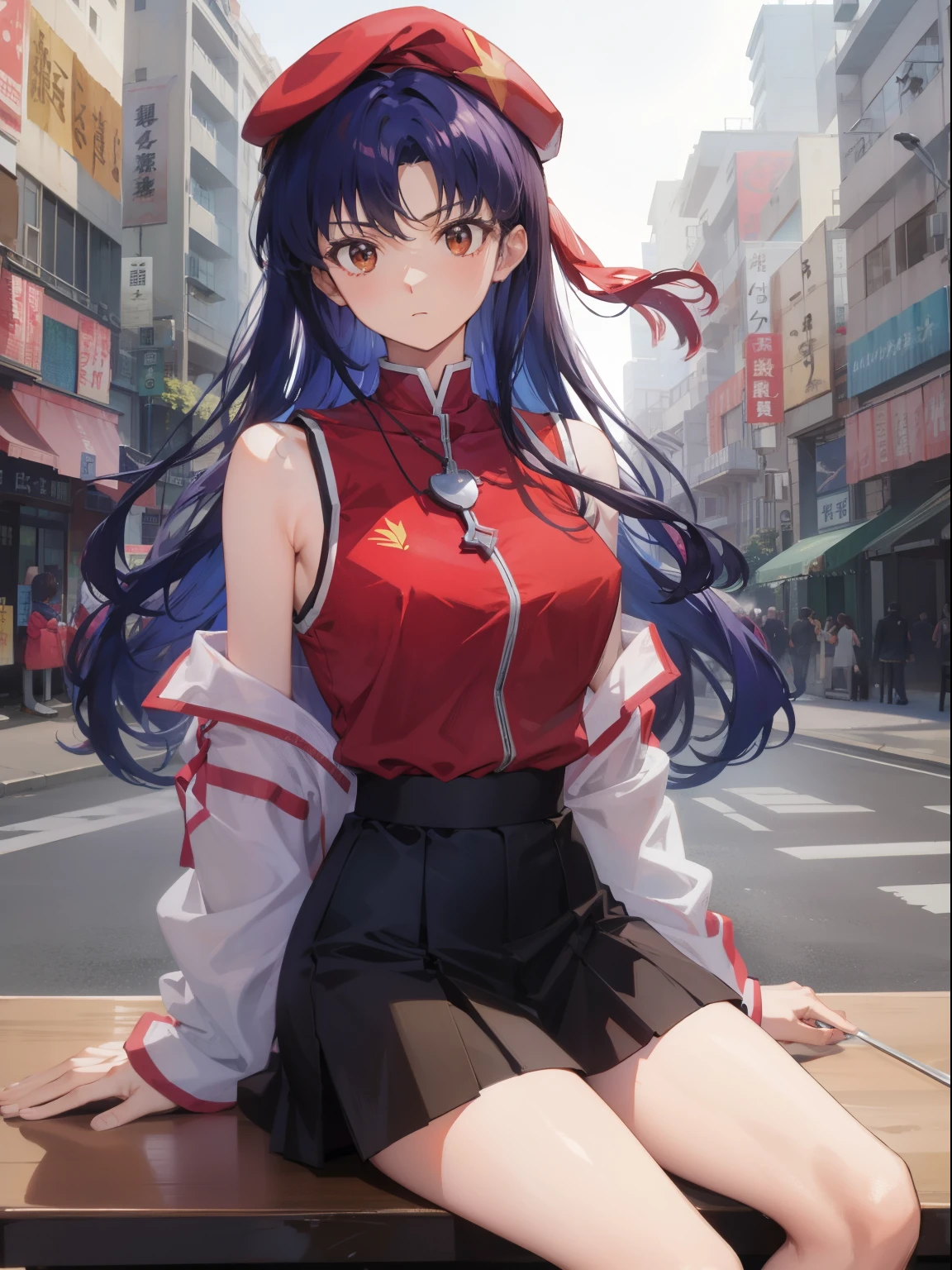 Misato Katsuragi, Misato Katsuragi, long whitr hair, (Brown eyes:1.5), Blue hair, Purple colored hair, ,、Smaller area underwear、 show your pants、a skirt, of shoulders, jewely, jaket, 耳Nipple Ring, Open your clothes, Sleeveless, choker necklace, Black a skirt, 开放式jaket, Sleeveless dress, beret, short  skirt, fork, red headgear, 红色jaket, fork choker necklace, BREAK BREAK BREAK looking at viewer, BREAK BREAK BREAK outdoors, 城市, BREAK BREAK BREAK (On the table:1.2), Best quality at best, A high resolution, Unity 8k壁纸, (illustratio:0.8), (美丽细致的眼睛:1.6), The facial details are particularly rich, perfect litthing, Extremely detailed CG, (Perfect hands, perfect anatomia),