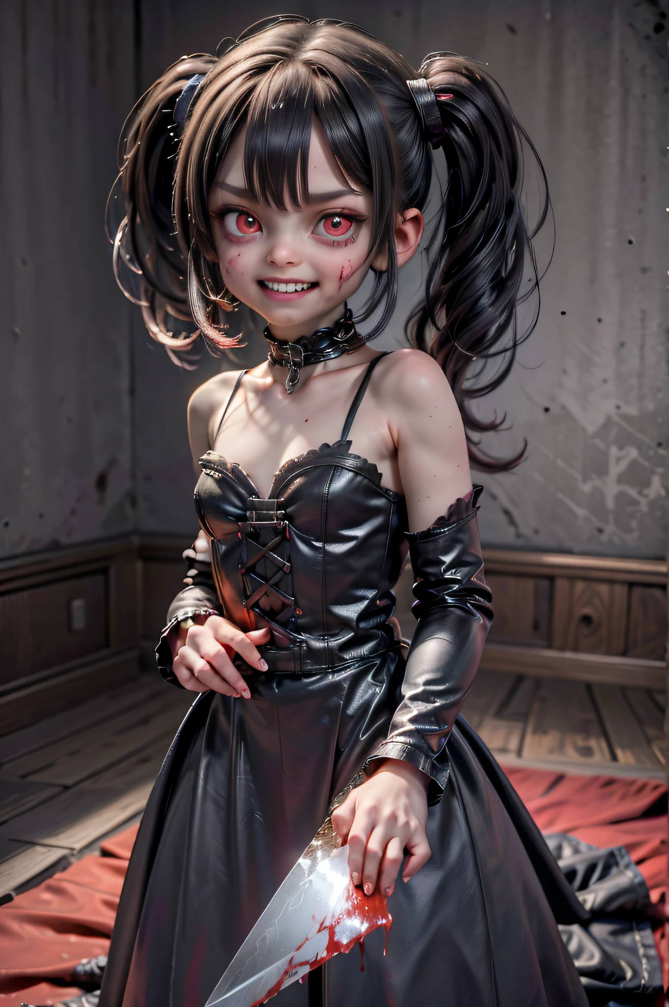 (best quality, highres:1.2), ultra-detailed, realistic, portrait, girl, staring at camera, malevolent grin, exposed teeth, wide smile, bloody butcher knife, background, family, family dead, bloody scene, dark atmosphere, horrifying, dreadful, creepy, vivid colors, sharp focus, detailed eyes, expression, murderous intent, dangerous, emotion, psychological horror, nightmare, macabre, terrifying, horror movie, horror theme, horror film, low-key lighting, bloody hands, bloodstains, evil, menacing, horror story, artistic, Ultra-Wide Angle, wide shot, 4k, You can see the entire room