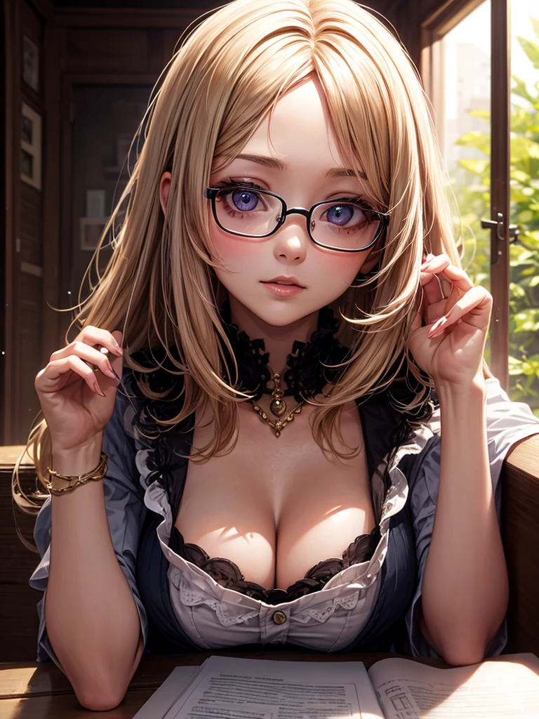 (Best Quality, masutepiece), 1girl in, Dappled sunlight, Indoors, Glasses, Shy, 1 girl, Young Girl, (Goosebumps:0.7), Beautiful face, (eye line, lip stick:0.9), 4K, 8K, nffsw, nffsw, detailed Background, Background