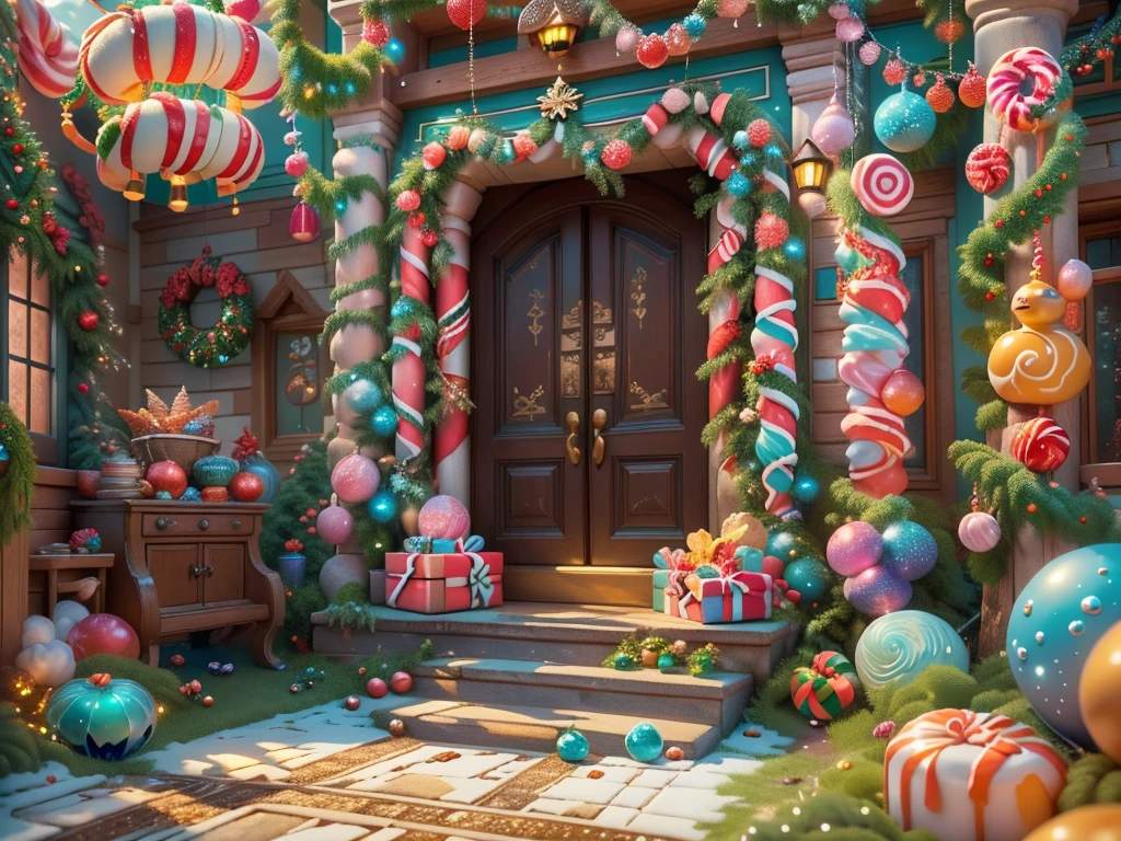 (tmasterpiece),(ultra - detailed:1.3),(Close-up: 1.8), Best quality,(棉花糖一样的白yuki:1.2),(Christmas courtyard in blue fairy tale:1.6),(蓝色门上圣诞decorationlower ring: 1.8),(suns),(((Delicious candies in front of the door,Christmas tree, gifts, Christmas stockings, cute gingerbread man,chocolate house splash))), Illustration style, decorations, Fantasy Christmas small courtyard, Lovely design style, yuki,rays of sunshine,vivd colour、 ((Whimsical and charming fantasy)), Surreal portrait, (Fantasy themed Christmas cabin), (Whimsical Christmas Accessories), (Colorful, Landscape full of candy), (enchanting, 神奇的Christmas tree), (A vibrant one, Candy-colored courtyard), (Candy Road), (blue candy door) in distance, (Like a mirror, 不对称tmasterpiece钟表配件), (Rich, fantasticcolors), (温暖的rays of sunshine), (four dimensional dream), (enchanting atmosphere), (Playful composition), (生动的rays of sunshine效果), 1.4x realism,hyper HD,Shown in this beautiful scene,(Very meticulous,Reasonable design,Clear lines,High- sharpness,tmasterpiece,offcial art,movie light effect,8K)