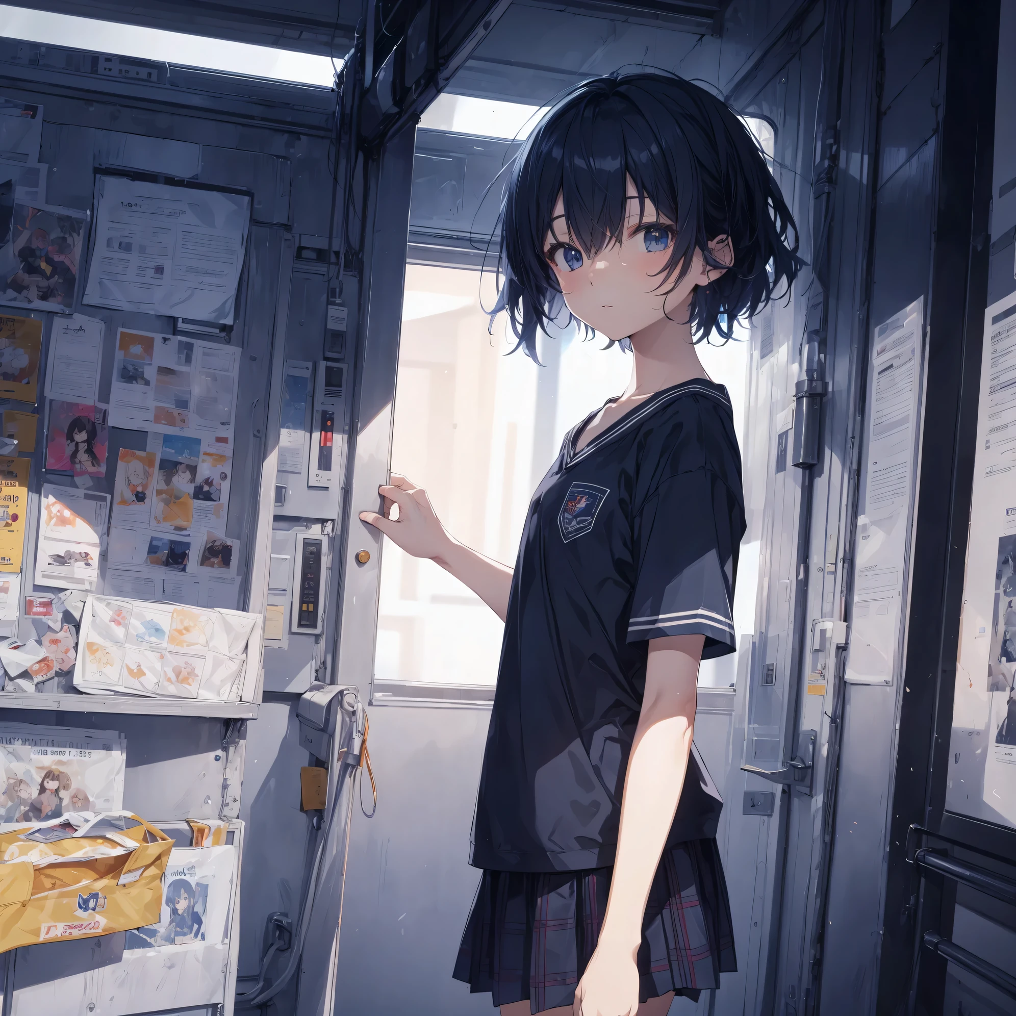 Super high quality by the art god, Ultra-detailed, High resolution, anime moe art style, best anime 8K konachan wallpaper, Pixiv Contest Winner, Perfect Anatomy, BREAK,(Draw a girl sleepily walking to school. ),BREAK, 1girl in, (Solo,Lori,,13yea:1.3),Full limbs, complete fingers,a junior gynous attraction, (Very short hair), Sleeping hair, hair messy, flat chest, Small butt, groin, Small eyes,Beautiful detailed black eyes, Well-proportioned iris and pupils, disgusted eye, High resolution detailed hair, School uniform, Skirt, On the way to school. BREAK,Ultra-detailed細なスキン, Best lighting by famous artists, 8K, Illustration,