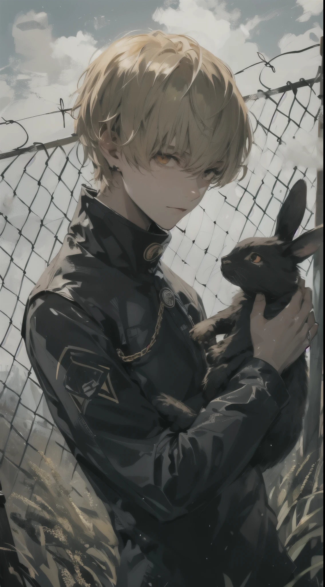 Beautiful young man, blonde hair, orange eyes, short hair, grabs black rabbit by the neck and lifts it up, delinquent, cool black outfit, deviousness, fence and cloudy background,high quality, amount of drawing, pixiv illustration