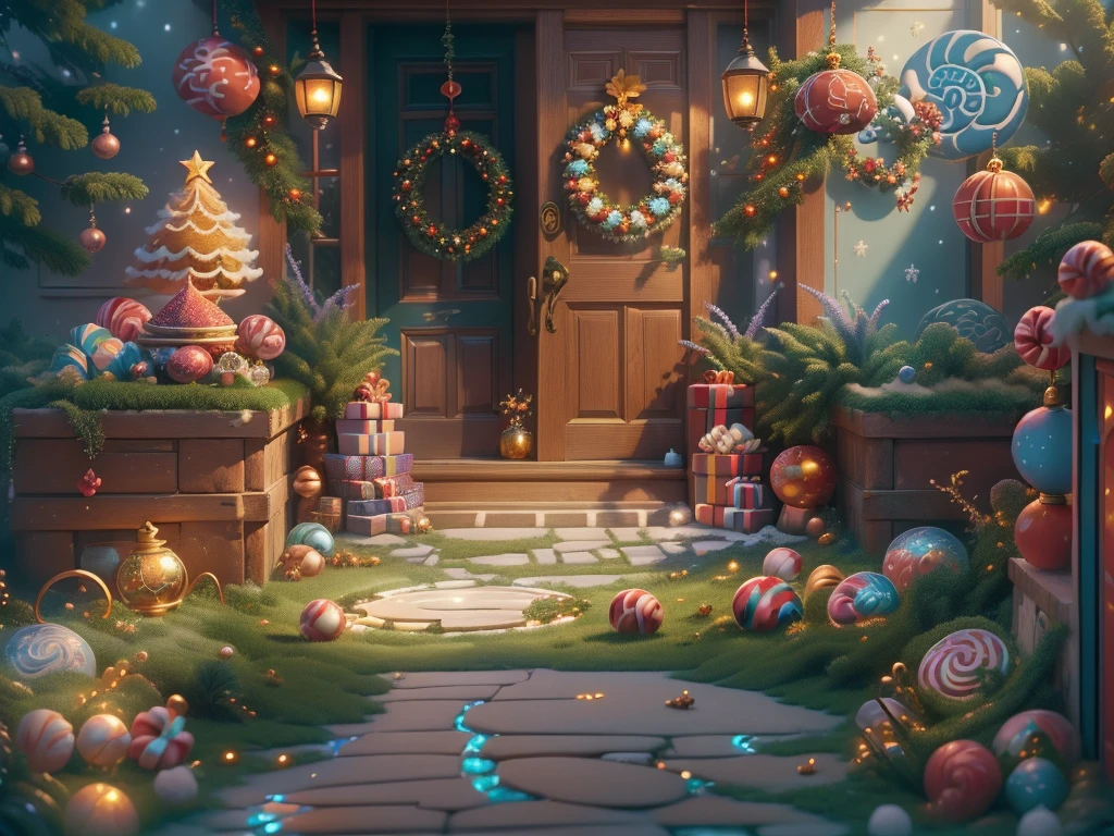 (tmasterpiece),（ultra - detailed:1.3），(Close-up: 1.8), Best quality，（棉花糖一样的白yuki:1.2），（Christmas courtyard in blue fairy tale:1.6），(蓝色门上圣诞decorationlower ring: 1.8),（suns），(((Delicious candies in front of the door，Christmas tree, gifts, Christmas stockings, cute gingerbread man，chocolate house splash))), Illustration style, decorations, Fantasy Christmas small courtyard, Lovely design style, yuki，rays of sunshine，vivd colour、 ((Whimsical and charming fantasy)), Surreal portrait, (Fantasy themed Christmas cabin), (Whimsical Christmas Accessories), (Colorful, Landscape full of candy), (enchanting, 神奇的Christmas tree), (A vibrant one, Candy-colored courtyard), (Candy Road), (blue candy door) in distance, (Like a mirror, 不对称tmasterpiece钟表配件), (Rich, fantasticcolors), (温暖的rays of sunshine), (four dimensional dream), (enchanting atmosphere), (Playful composition), (生动的rays of sunshine效果), 1.4x realism，hyper HD，Shown in this beautiful scene，(Very meticulous，Reasonable design，Clear lines，High- sharpness，tmasterpiece，offcial art，movie light effect，8K)