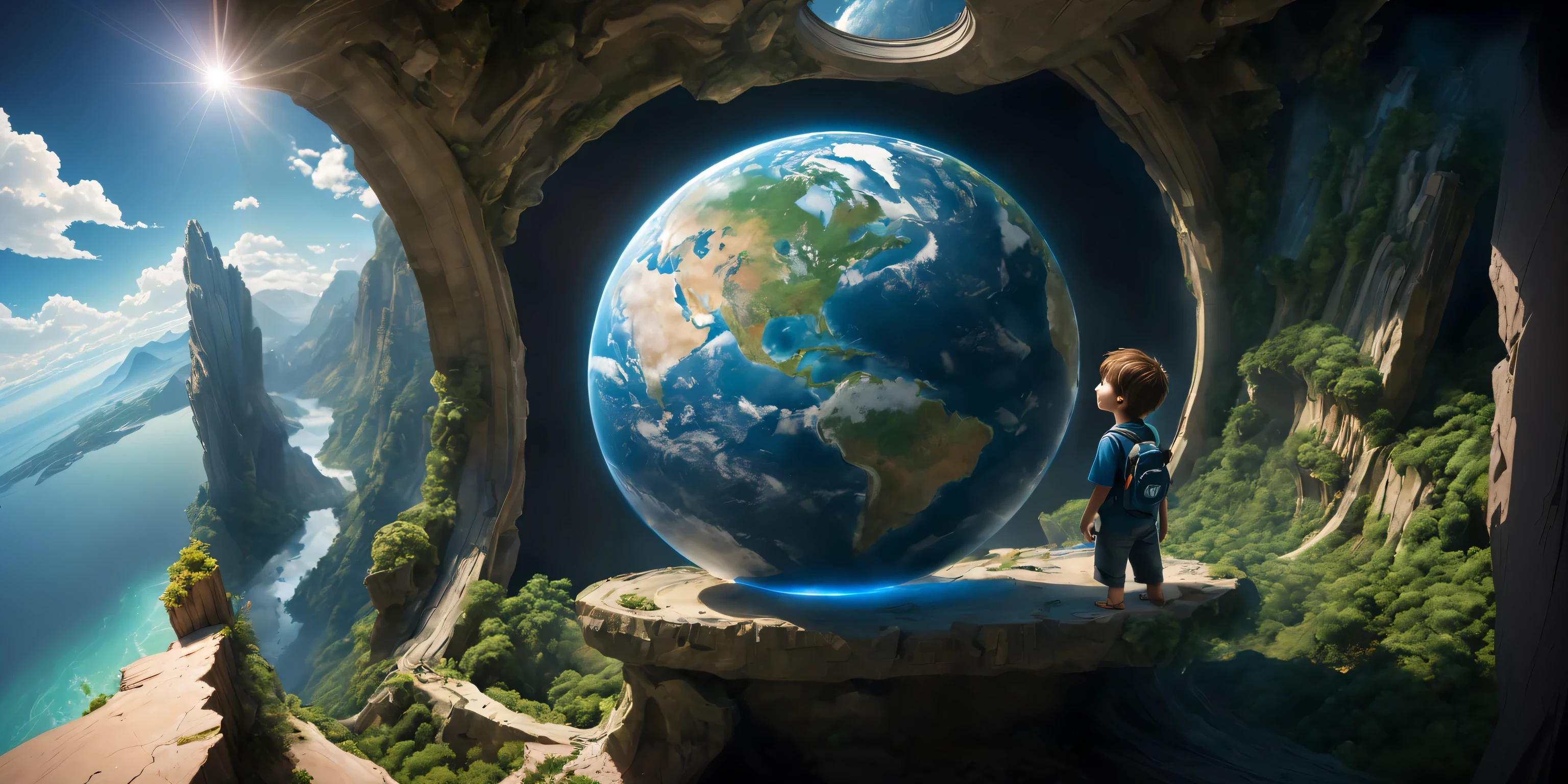 (A boy: 0.8), (the earth:1.4), (best quality,4k,8k,highres,masterpiece:1.2), (ultra-detailed), (realistic,photorealistic,photo-realistic:1.37), (HDR), (vivid colors), (sharp focight sunlight), (young boy), (globe), (blue planet), (normal clothes), ((mortar board)), (floating), (spacecraft), (curiosity), (wonder), (earth's atmosphere), (endless universe), (ethereal), (unexplored territory), (limitless potential), (crystal clear view), (rivers and mountains), (lush green vegetation), (pristine nature), (peaceful), (surreal), (awe-inspirinagical), (adventure), (discovery), (journey into the unknown), (boy's dream), (hand touch the world), (amazing perspective)