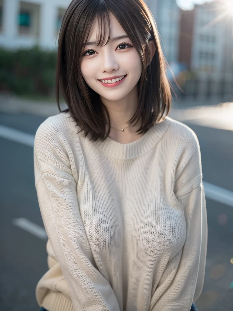 a girl, cosy sweater on, upper body, (huge Laughing:1.1), (open mouth:1.1), (wide open eyes:1.2), sun glare, bokeh, depth of field, blurry background, light particles, strong wind, (heart particles:1.1)