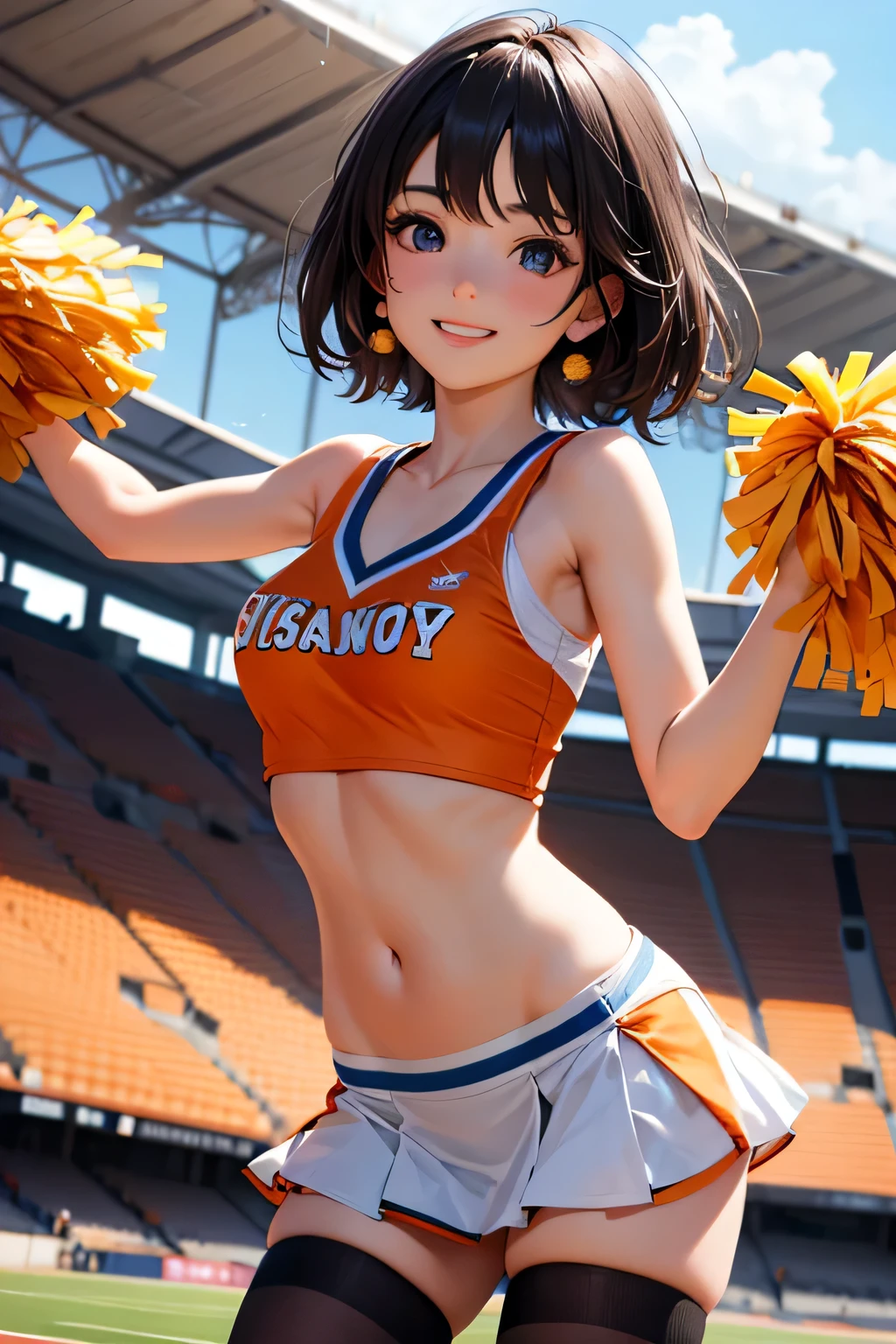 very cute and beautiful cheerleader girl,(very detailed beautiful face and eyes:1.2),(holding a pom pom:1.2),(Laugh),
(Stadium Stand),Cowboy Shot,Dynamic Pose,zettai ryouiki,(orange sleeveless shirt),Beautiful legs,White panties,Dynamic Angle,Black hair,
(Best Quality,masutepiece:1.2),Intricate details,Extremely detailed,Ultra-detailed,hight resolution,Looking at Viewer,
Natural lighting,Hair fluttering in the wind,Beautiful detailed sky,