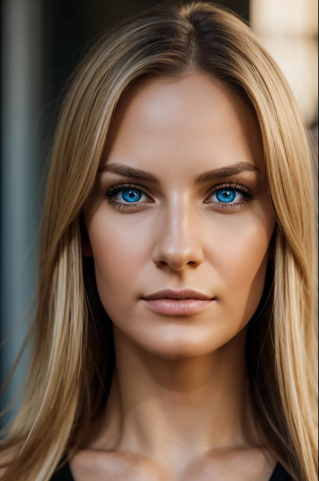 From the front, looking at the camera lens, a photorealistic detailed realistic, natural texture, extremely detailed with skin pores visible, amazing, fine detail, rich colors, hyper realistic lifelike texture, portrait of a 30-year-old french woman with very long, straight blonde hair and striking blue eyes, a very fine nose. Very seductive and bewitching, her face is very well proportioned with the golden ratio. She should have a natural, approachable expression and be illuminated by soft, golden-hour sunlight. Influencer, light blue eyes, no makeup, instagram, no hair in Front of the Face, a long blond straight hair, no lipstick, natural skin, no make-up, thin, sharp focus, cinematic lighting, 8k uhd, extreme long exposure