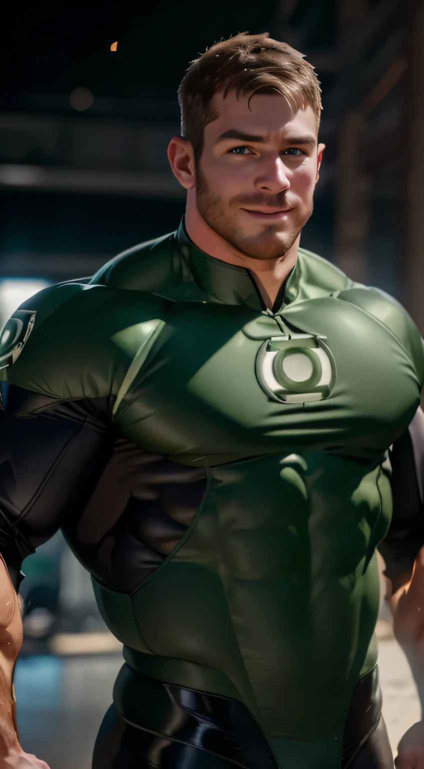 An award-winning original photo，A wild muscular man, (30 years old daddy:1.3), 1boy, Solo, (wearing a (green lantern) costume), hazel hair, (big shoulderusculature, stubbles, Short beard, (Detailed face:1.3), (beautiful eyes:1.2), smiles, Dynamic Angle, volumetric lighting, (Best quality, A high resolution, Photorealistic), Cinematic lighting, Masterpiece, RAW photo, Intricate details, hdr, depth of field, upper body