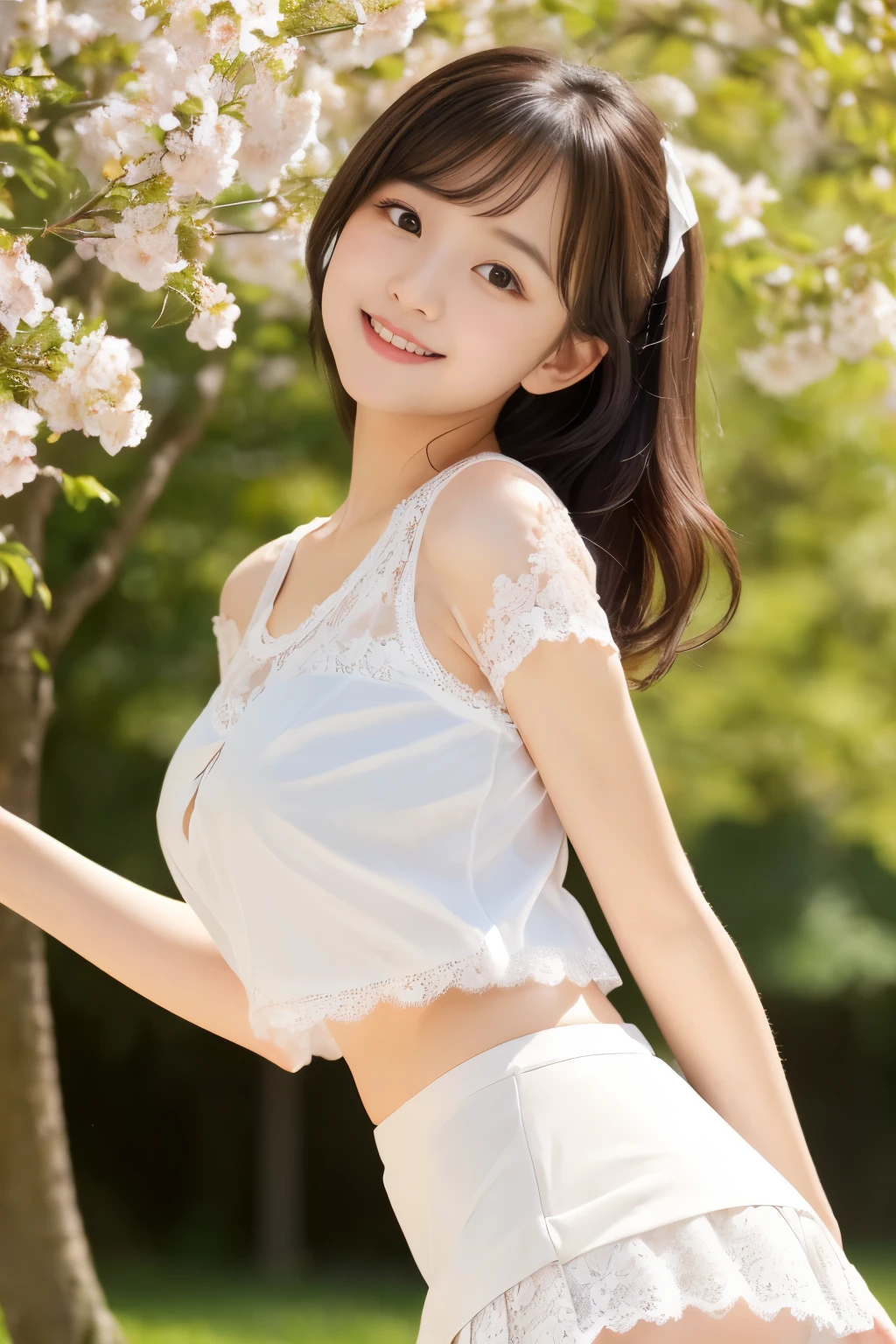 (((​masterpiece))), (One beautiful Japan girl, classmates, Pure Innocence，Innocence，kawaii) ，超A high resolution, Realistic, ultra-detailliert, 8K,top-quality, Extremely detailed, Detailed background,A slender,(a baby face，kawaii系,adorable 14 year old girl),Beautiful girl in a short-sleeved white blouse、(Perfect body:1.1)，Super Detailed Face、Detailed lips、A detailed eye、Photorealistic:1.37，no-makeup，small gravure idol，Transparent skin、((The wind blows and the skirt flips up, A glimpse of white lace panties..))，Hair swaying in the wind，smil，[[The cherry tree]]Forest background、Neutral Lighting，Pleated mini-skirt，、The white lace underwear is transparent、posterior view、Enlarge the buttocks、Looking up from the ground，Please show me your beautiful teeth、 playful pose, natural beauty,Warm tones，