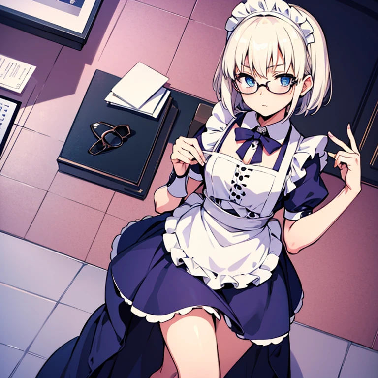 A ite anime girl, glasses, platinum blonde hair, blue eyes, short hair, maid uniform, fate art style