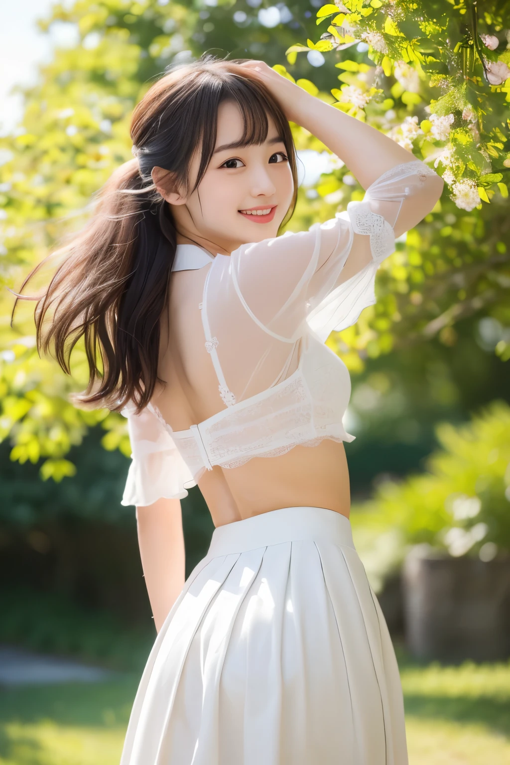 (((​masterpiece))), (One beautiful Japan girl, classmates, Pure Innocence，Innocence，kawaii) ，超A high resolution, Realistic, ultra-detailliert, 8K,top-quality, Extremely detailed, Detailed background,A slender,(a baby face，kawaii系,adorable 14 year old girl),Beautiful girl in a short-sleeved white blouse、(Perfect body:1.1)，Super Detailed Face、Detailed lips、A detailed eye、Photorealistic:1.37，no-makeup，small gravure idol，Transparent skin、((The wind blows and the skirt flips up, A glimpse of white lace panties..))，Hair swaying in the wind，smil，[[The cherry tree]]Forest background、Neutral Lighting，Pleated mini-skirt，、The white lace underwear is transparent、posterior view、Enlarge the buttocks、Looking up from the ground，Please show me your beautiful teeth、 playful pose, natural beauty,Warm tones，