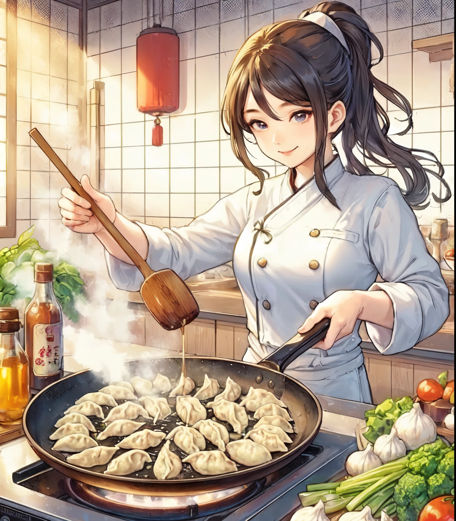 1lady solo, (cooking (gyoza dumplings):1.2), chef (stylish outfit) apron, mature female, /(black hair/) bangs, light smile, (eyes filled with concentration), (masterpiece best quality:1.2) delicate illustration ultra-detailed, large breasts BREAK (dumplings on the pan:1.1) (arranged in a spiral:1.1), baked, sizzle BREAK (Chinese restaurant kitchen) indoors, vegetables, bottles of spices