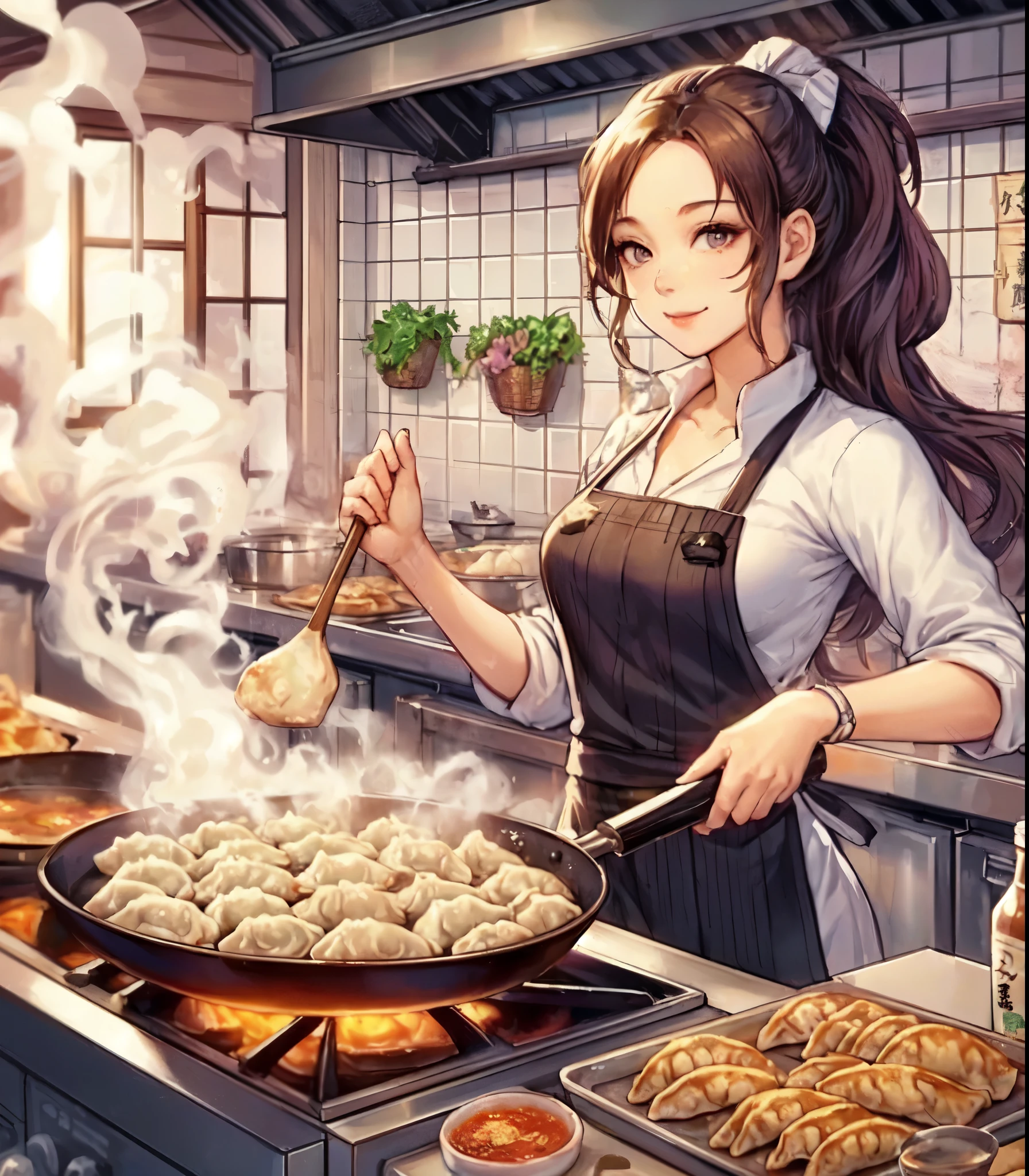 1lady solo, (cooking (gyoza dumplings):1.2), chef (stylish outfit) apron, mature female, /(black hair/) bangs, light smile, (eyes filled with concentration), (masterpiece best quality:1.2) delicate illustration ultra-detailed, large breasts BREAK (dumplings on the pan:1.1) (arranged in a spiral:1.1), baked, sizzle BREAK (Chinese restaurant kitchen) indoors, vegetables, bottles of spices