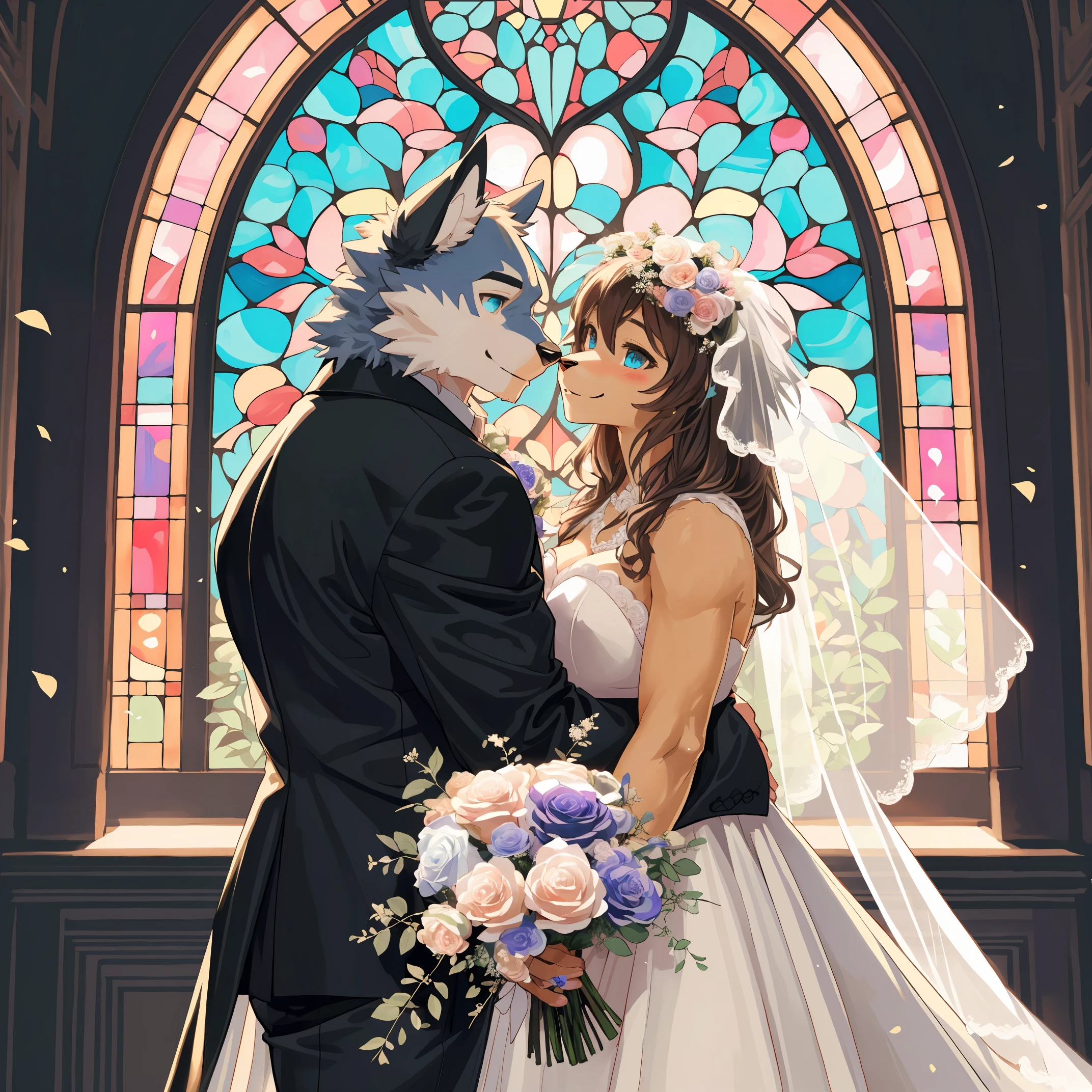 Top quality, ultra-fine illustrations(associations, colorful stained glass with shimmering light, kaleidoscope, wedding aisles lined with jewel-like lamps)(very detailed and beautiful faces, very detailed and beautiful eyes, eyes with lively brilliance)absurdres, perfect anatomy(angelic cute 1girl, kemono, angelic handsome 1boy, couple)(happy wedding, husband in tuxedo, beastman wife in wedding dress, husband hugging wife's shoulders, Two people staring at each other and smiling, wedding photo, bouquet of beautiful flowers, shining wedding ring on ring finger)(furry anthro:1.7)(furry body, animal face features, animal body features)(very detailed fur)full body, smile (dynamic pose),