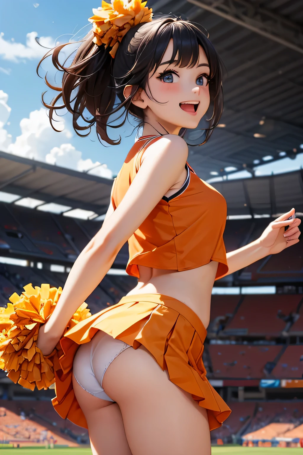 very cute and beautiful cheerleader girl,(very detailed beautiful face and eyes:1.2),(holding a pom pom:1.2),(Laugh), (Stadium Stand),Cowboy Shot,Dynamic Pose,zettai ryouiki,(orange sleeveless shirt),Beautiful legs,White panties,Dynamic Angle,Black hair, (Best Quality,masutepiece:1.2),Intricate details,Extremely detailed,Ultra-detailed,hight resolution,Looking at Viewer, Natural lighting,Hair fluttering in the wind,Beautiful detailed sky,