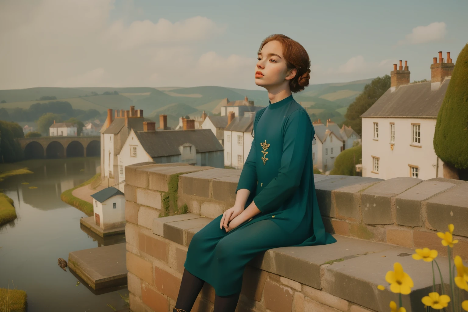 1137, Kingsbridge, England. otherworldly scene in a medieval rural village, ((((13-year-old)) Cameron Monaghan)), boy sitting on top of a wall, daydreaming, ((in love look)), fascinated, ((((poor plain tunic from the 12th century)))), ((Hairstyle of the 12th century)), ((Wes Anderson cinematic style)), colorful