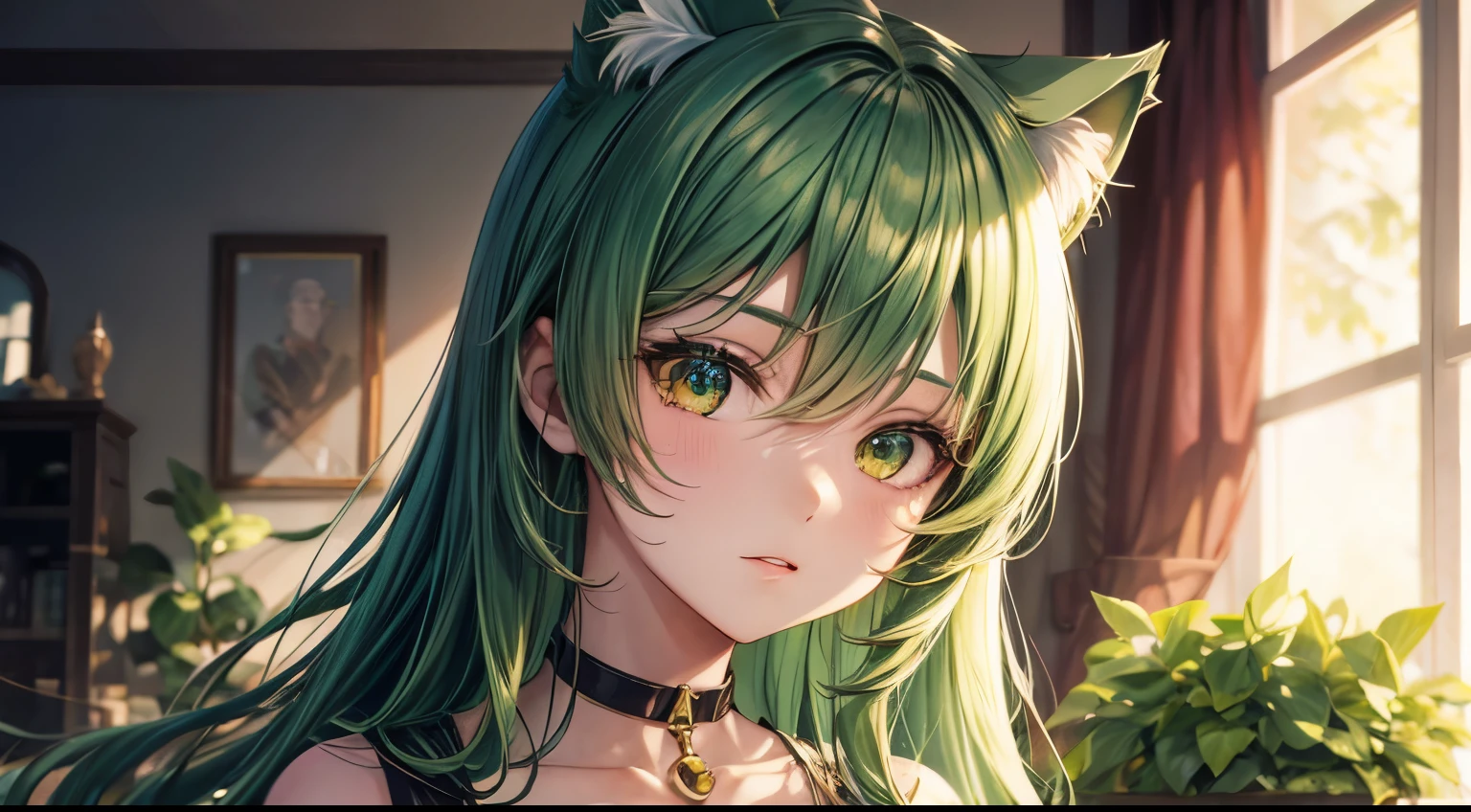 cute girl, green hair, cat ears, detailed lighting, anime