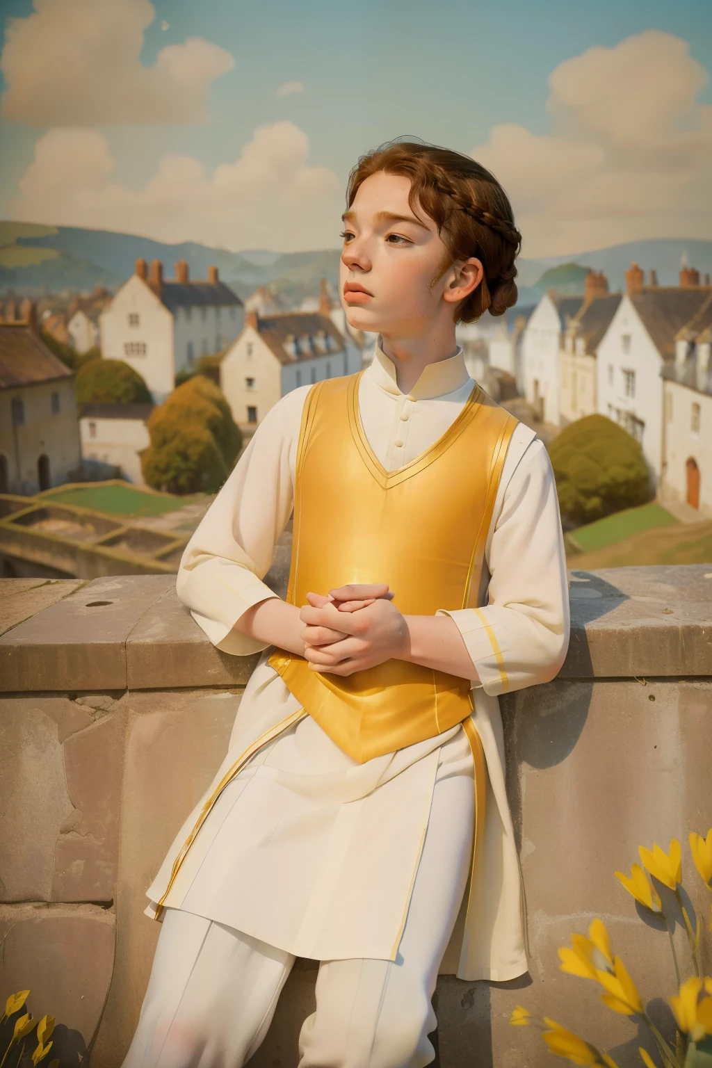 1137, Kingsbridge, England. otherworldly scene in a medieval rural village, ((((-yeld)) eron Monaghan)), boy sitting on top of a wall, daydreaming, ((in love look)), fascinated, ((((poor plain tunic from the 12th century)))), ((Hairstyle of the 12th century)), ((Wes Anderson cinematic style)), colorful