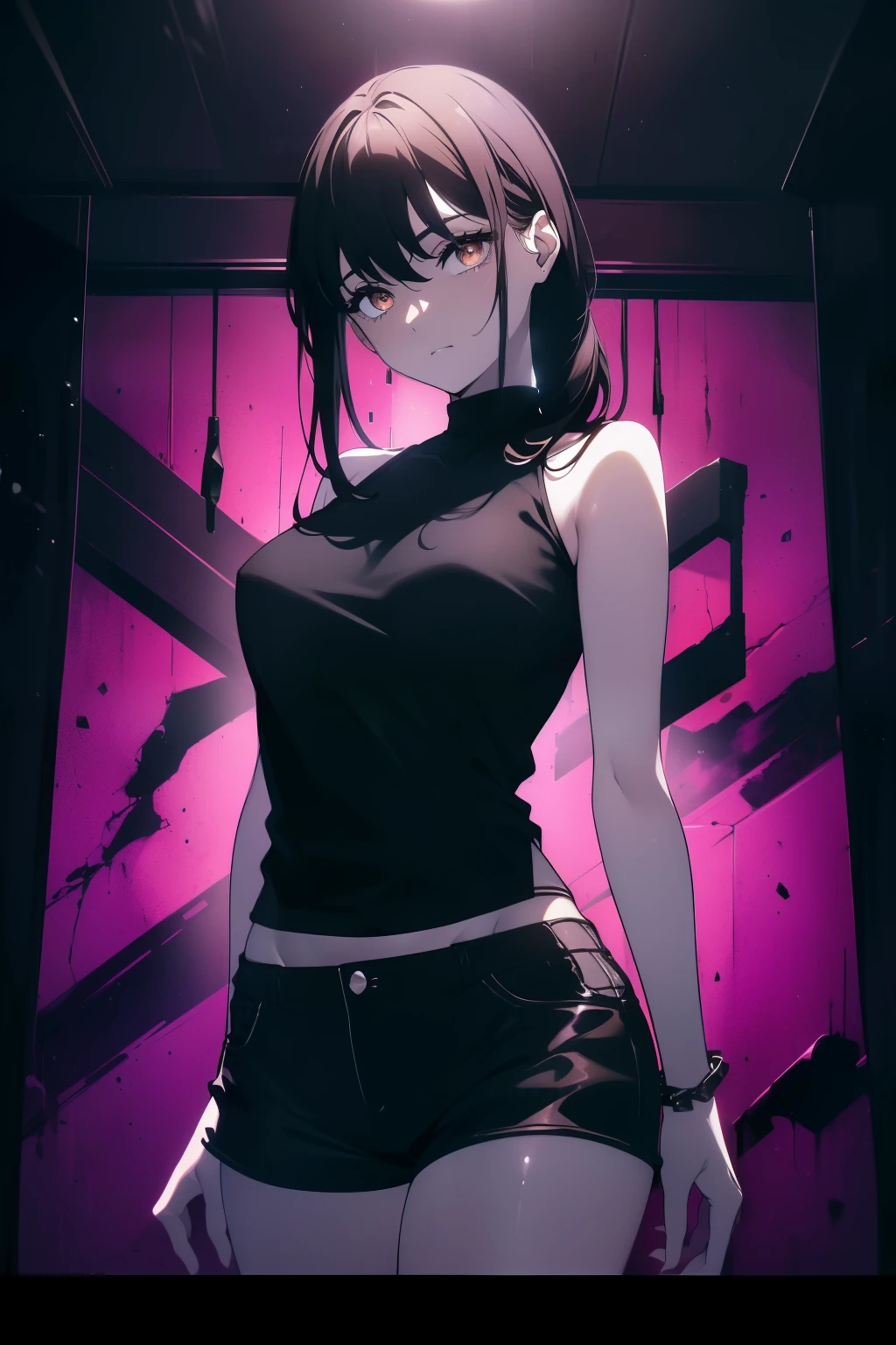 (((Obra maestra, La mejor calidad, ultrahigh resolution))), ((expressive brown eyes)), a clear view of a happy looking girl standing in a club waiting for someone)), (black t-shirt, jean shorts, black hair, long dark black hair), pale skin, ((brown eyes)), (glowing_eyes), ((centered)), ((wide shot)), facing viewer, ((indoor party, purple and black lights, black dancing silhouettes:0.9)), medium breasts, looking at viewer, ((perfect hands)), (((head:1, arms, hands, elbows, thighs, in view))), lively eyes, beautiful lighting, background, ((defined subject)), 25 years old, (head tilt), (((cool))), ((lively)), (((chic pose))), ((perfect anatomy))