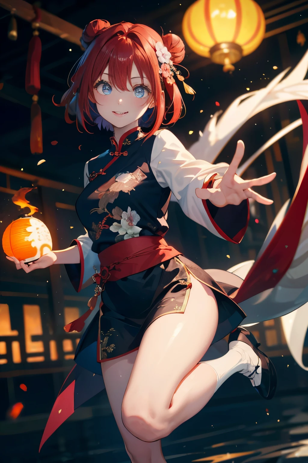 (top-quality、8K、32K、masterpiece、nffsw、ighly detailed:1.2)、Full body, Chinese Dragon with Flame、Chinese style lantern、kung fu pose、Raise one leg、beauitful face、blurry backround、20-year-old beauty、shinny skin、Red color hair、short-hair、Double bun、Blue eyes、Chinese clothing、Floral hair ornament、miscievous smile、thighs thighs thighs thighs、