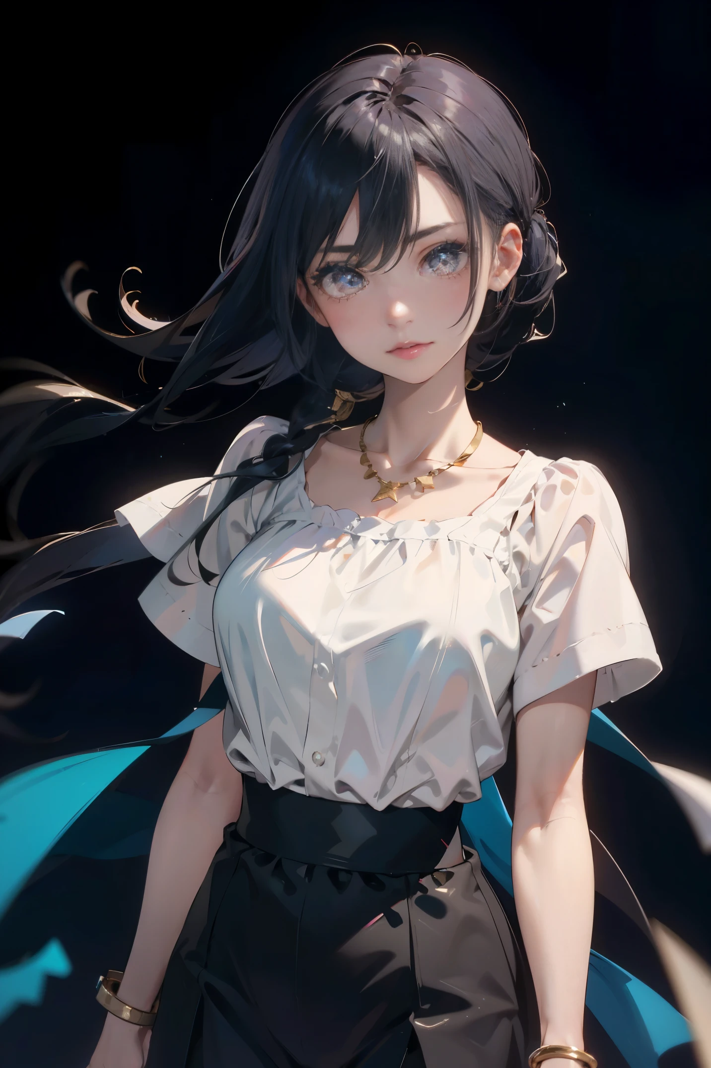 a 20 yo woman、Black blue Hair、poneyTail、(hi-top fade:1.3)、dark themed、Muted Tones、Subdued Color、highly contrast、(natural skin textures、Hyper-Realism、Soft light、sharp)、makeup, mascara, Lips are subdued or colors, simple black background, Minimalism, monotone, simple color palettes, Clean, sharp designs, flowing silhouettes, Tight skirts and pants, high-waisted skirts and pants, simple dresses, shirts and blouses, asymmetrical, geometric, Elegant and luxurious materials and designs, Simple, minimal accessories, Slim necklaces and rings in silver or gold, Simple bangles, Distinctive designs, simple silhouettes, simple and sophisticated style, elegance, minimalism, high quality materials, cool and urban impression, high fashion, simplicity and sophistication,