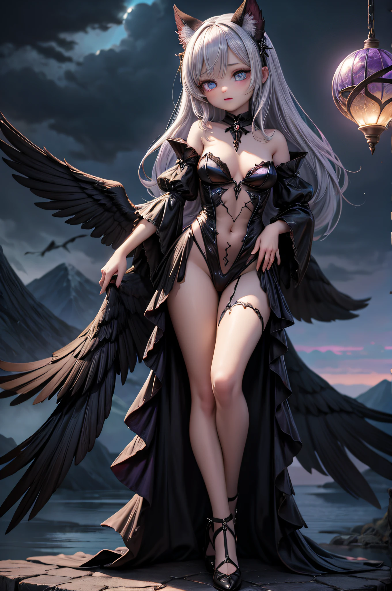 Character: Lady Seraphina
Appearance: Pale skin, amethyst eyes, black hair, opalescent wings, iridescent tail, bird-like talons, midnight lips.
Attire: Shifting gossamer gown (ebony, crimson, silver).
Aura: Fragrance of jasmine, myrrh, and forbidden fruit.
Purpose: Seduction, chaos, hidden longing.
Style: Dark fantasy with moonlit backdrop, storm clouds, and gothic details.