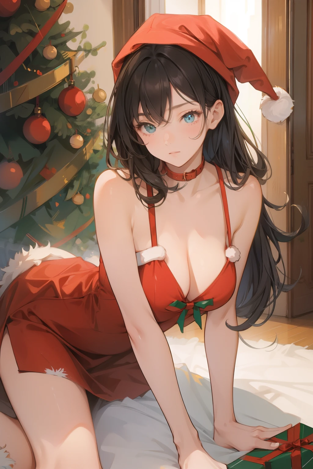 (masterpiece), (best quality), 1girl, 20 years old, deep V dress, , Xmas hat, Christmas dress, in door, Xmas tree, Xmas box, lying on the floor, posing, lwsh