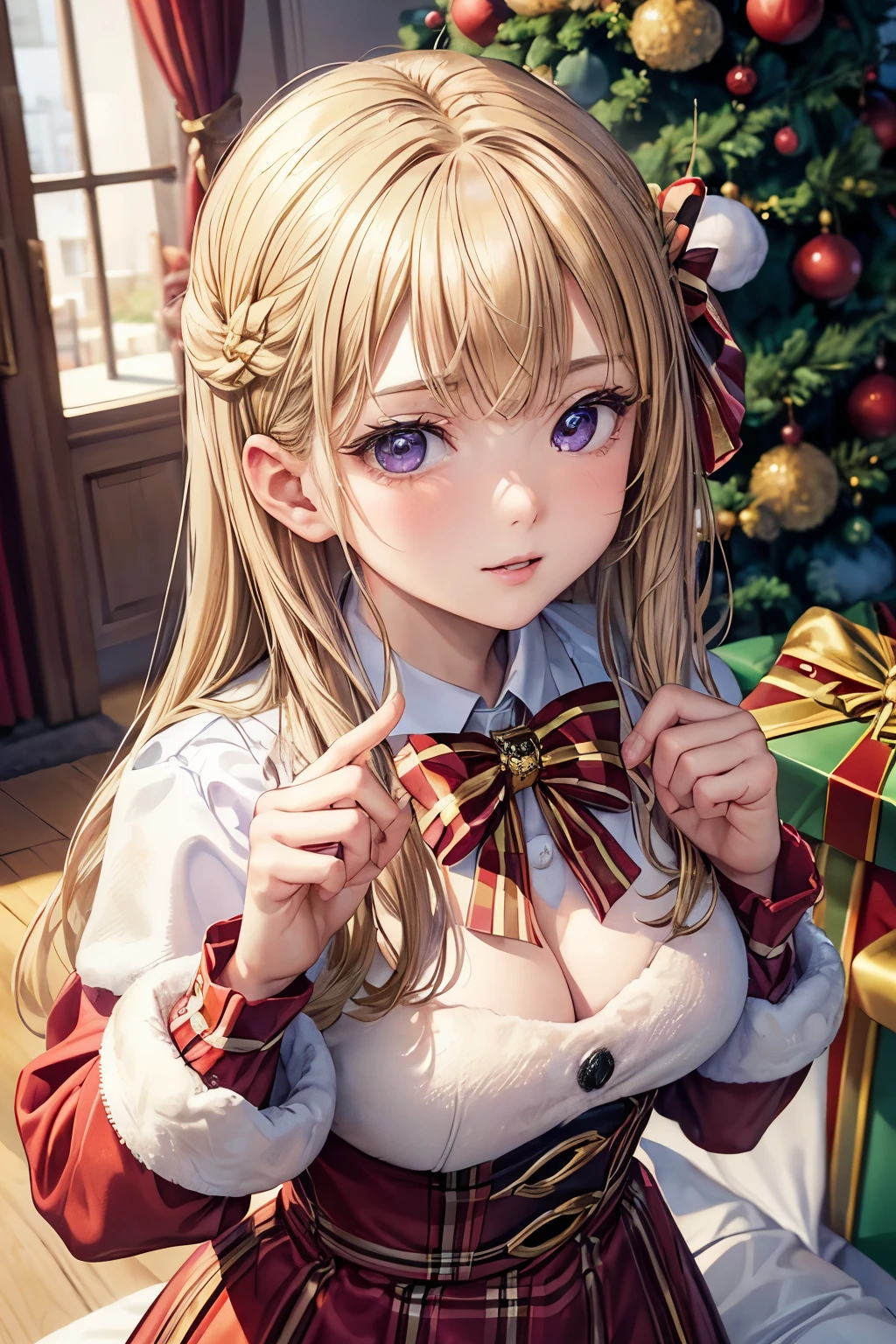 (best best quality, masterpiece, high quality), 1 girl, solo, , close-up, (blonde hair), (Santa Claus outfit),(purple hair),(seductive expression),(Beautifully decorated Christmas tree),(Christmas theme),(Charming gestures),(holding a gift box),(High Image),(Unique and interesting composition),Beautiful Finger