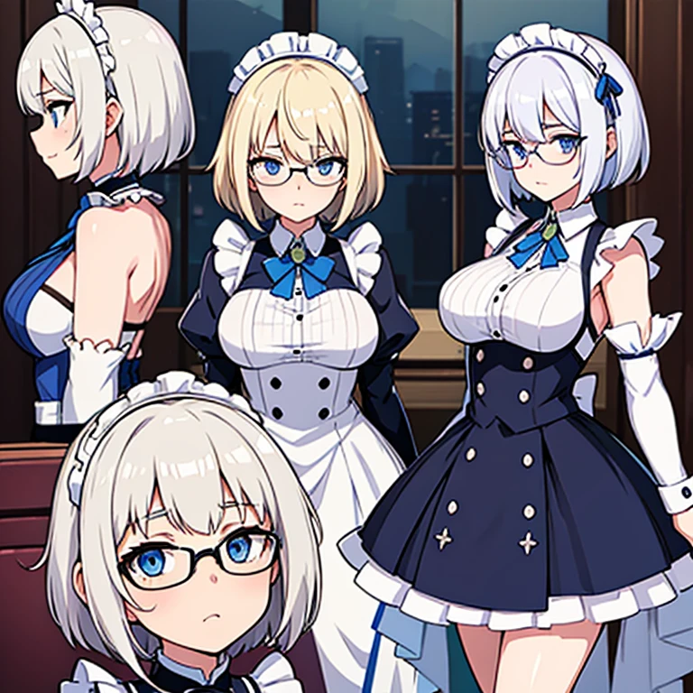 A petite anime girl, glasses, platinum blonde hair, blue eyes, short hair, maid uniform, honkai impact art style, big breasts