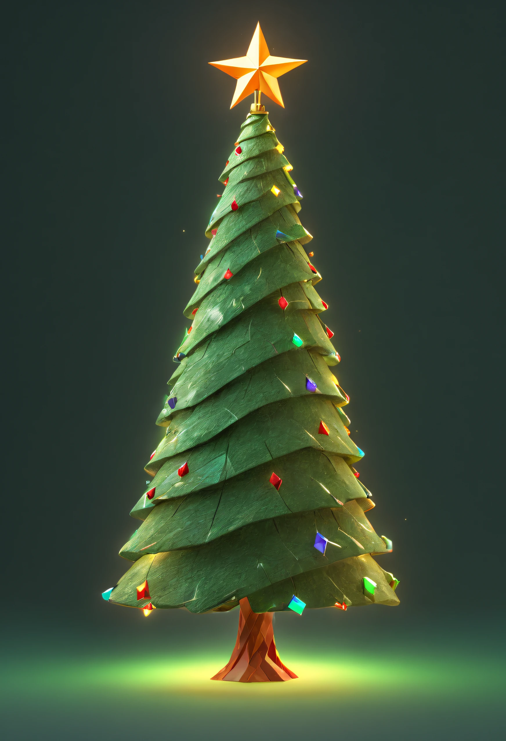 cute lowpoly christmas tree, minimalistic tree with diamont form of lights, detailed 3d normals and beautiful texture, rainbow bright rim light at the right side of tree, beautiful pixar movie post effects, masterpiece cgi, perfect 3d render, crisp sharp render